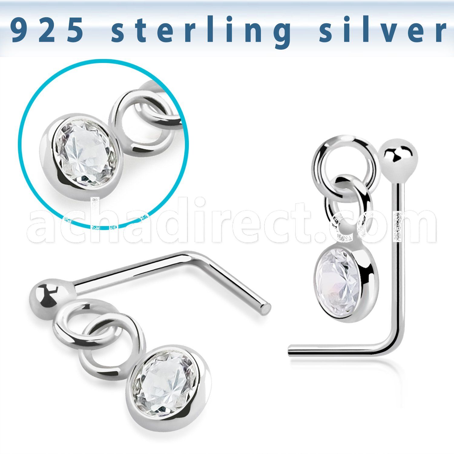 nsdvbz1 silver nose stud ball bezel set dangling cz