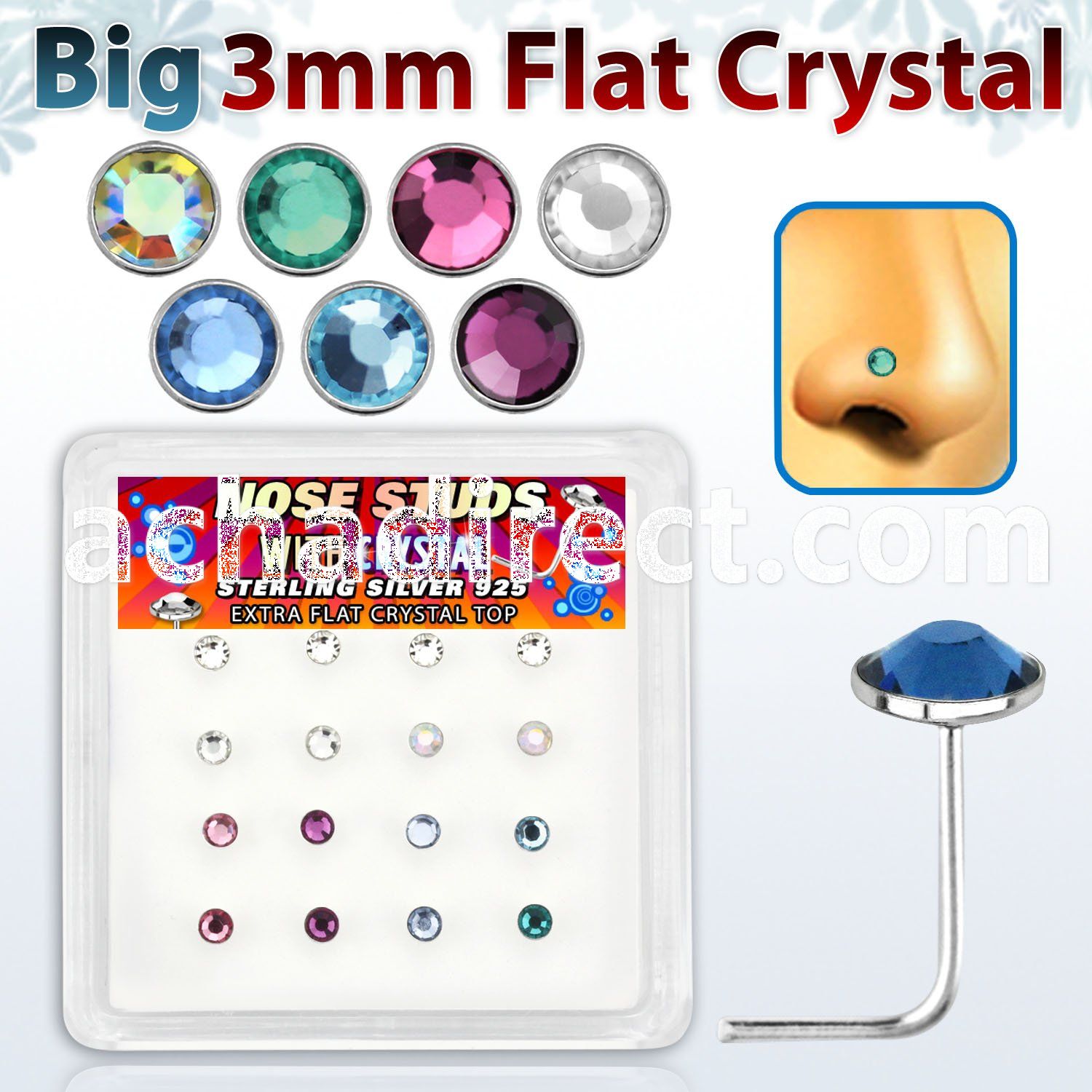 nsfb16m box of silver nose studs with assorted color crystals