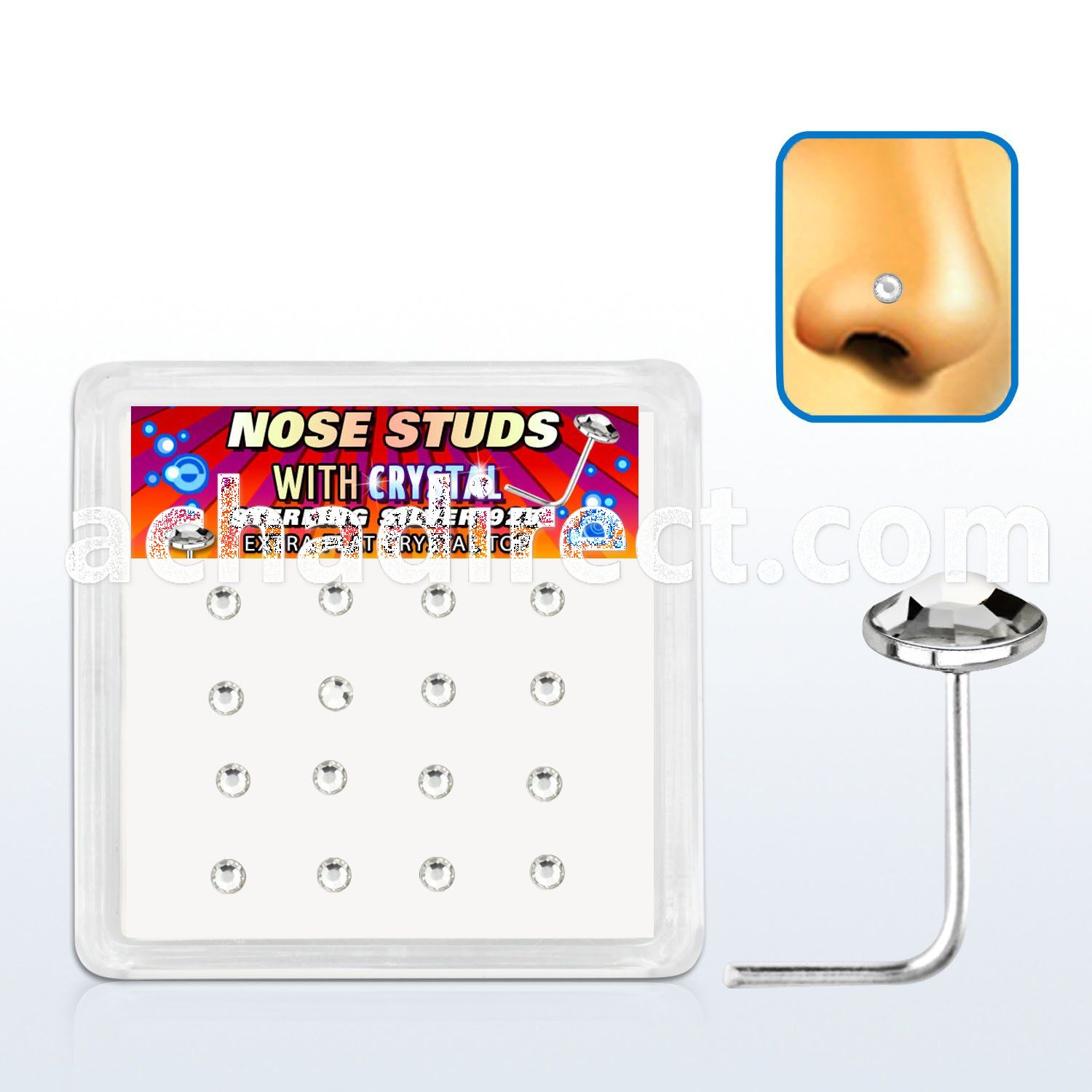 nsfbs16c box w 16 pcs of silver nose stud w flat 2.5mm clear tops
