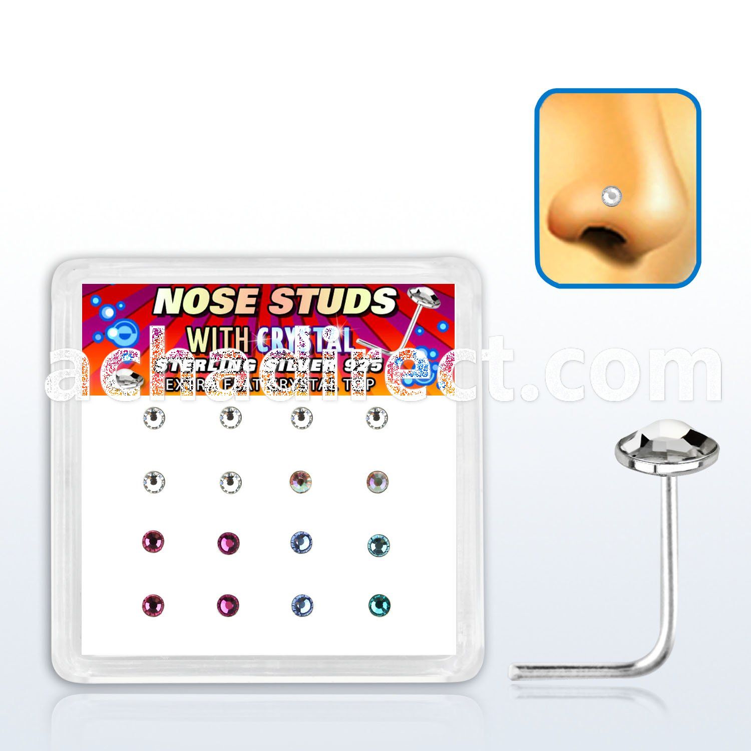 nsfbs16m box w 16 silver nose stud w round extra flat 2.5 crystal