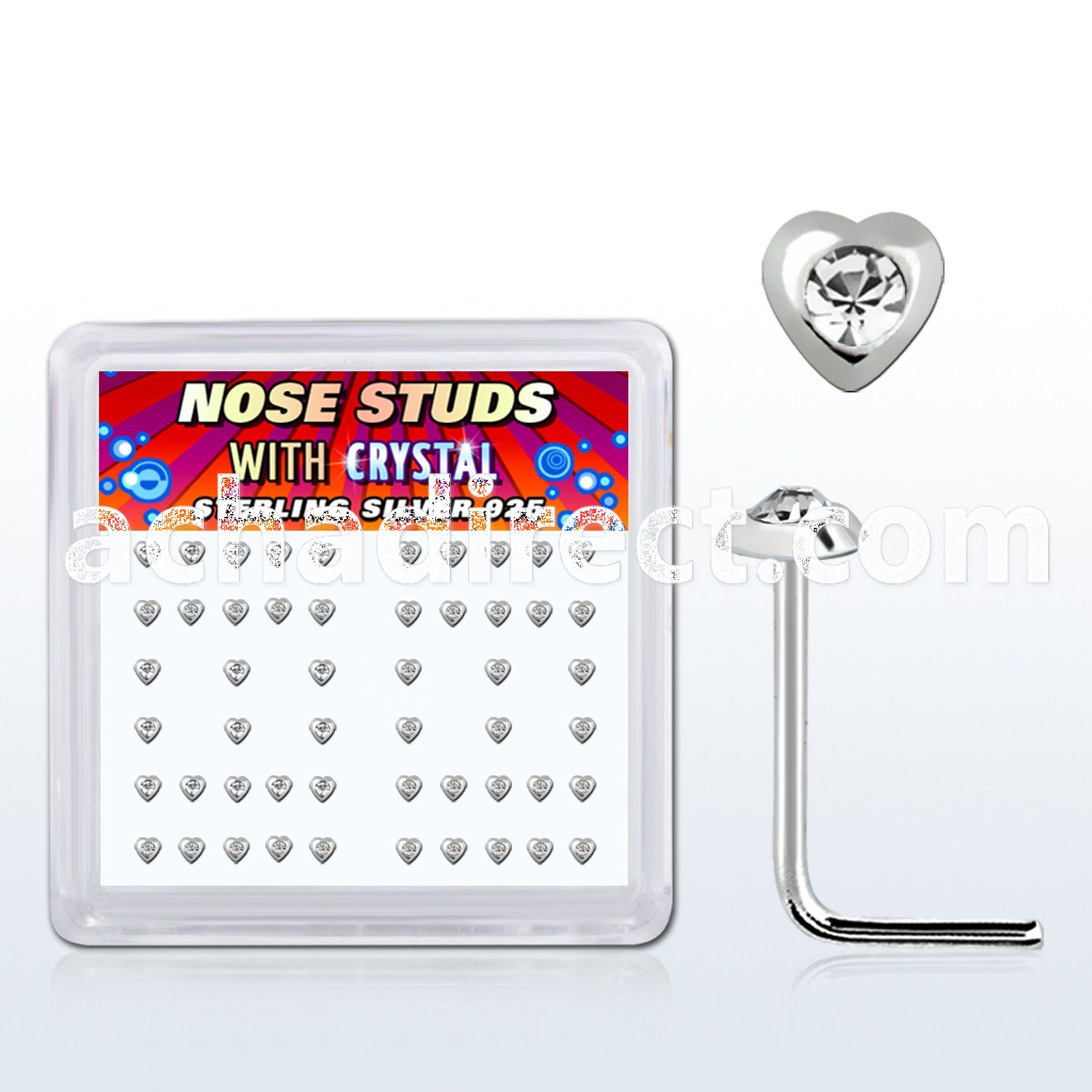 nshrbxc box of silver nose studs with heart w center crystal