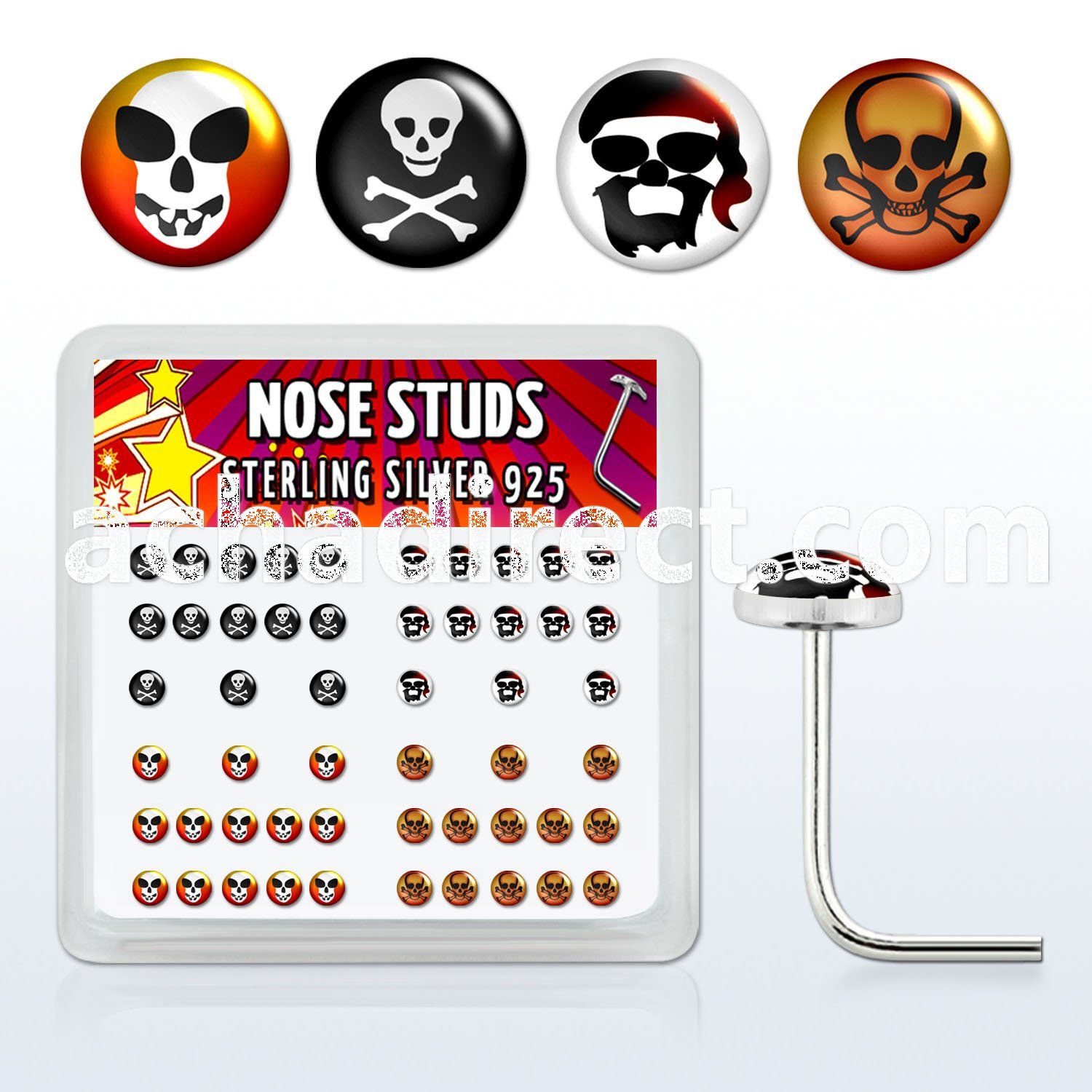 nslgx2 box of silver nose studs with assorted skull logo