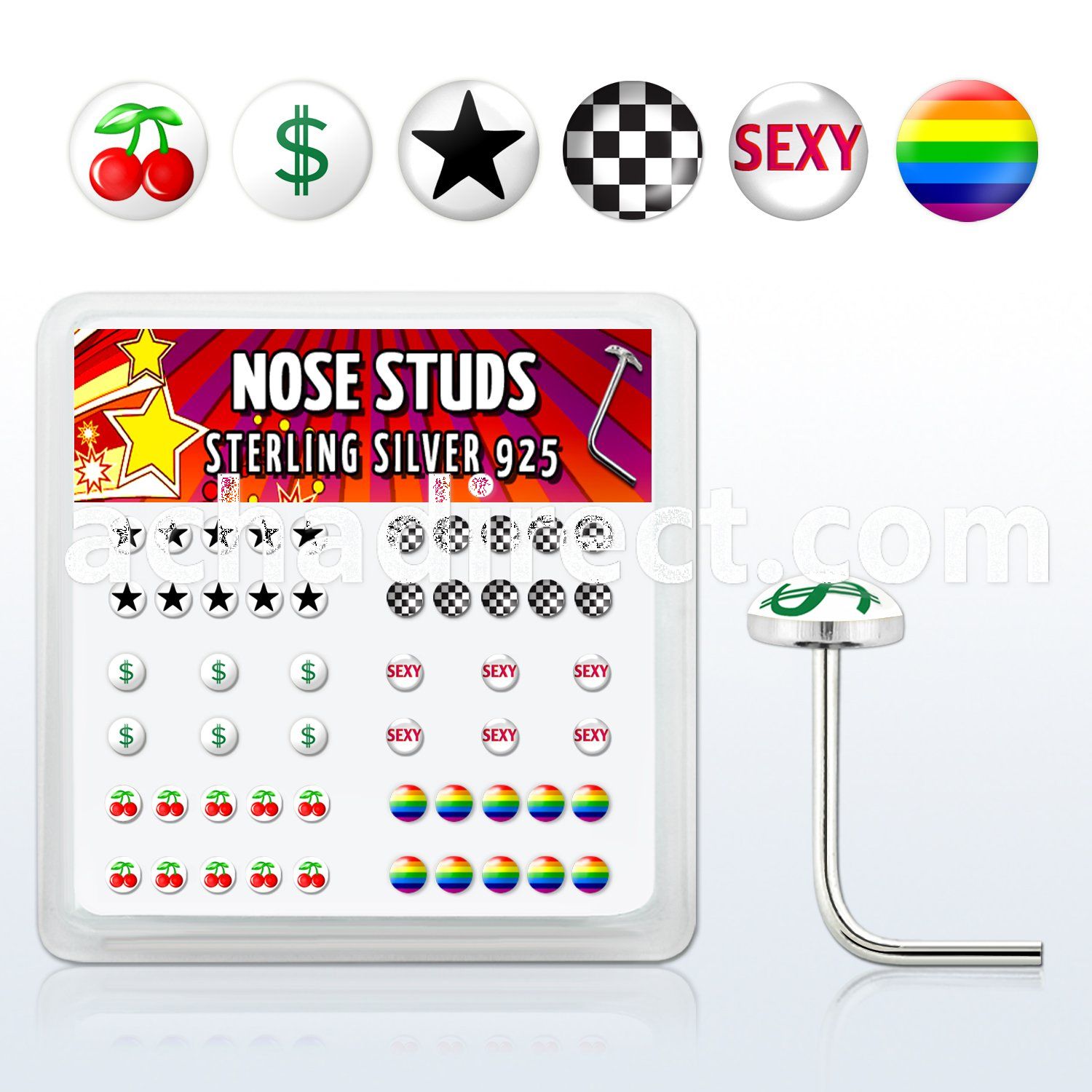 nslgx3 box of silver nose studs w sexy star cherry checker