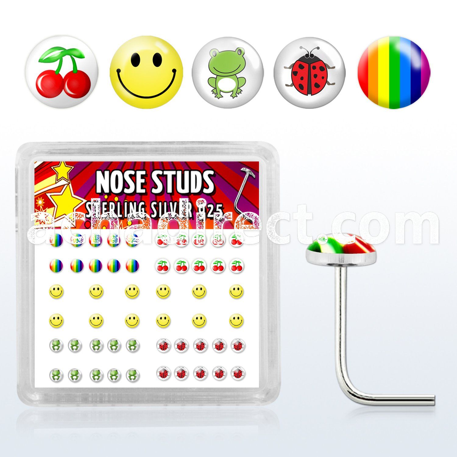 nslgx5 box of silver nose studs with assorted cute logo styles