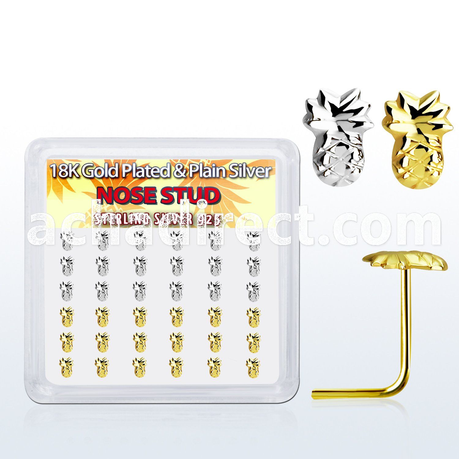 nsmpa36 display w silver nose studs w gold plain pineapple top