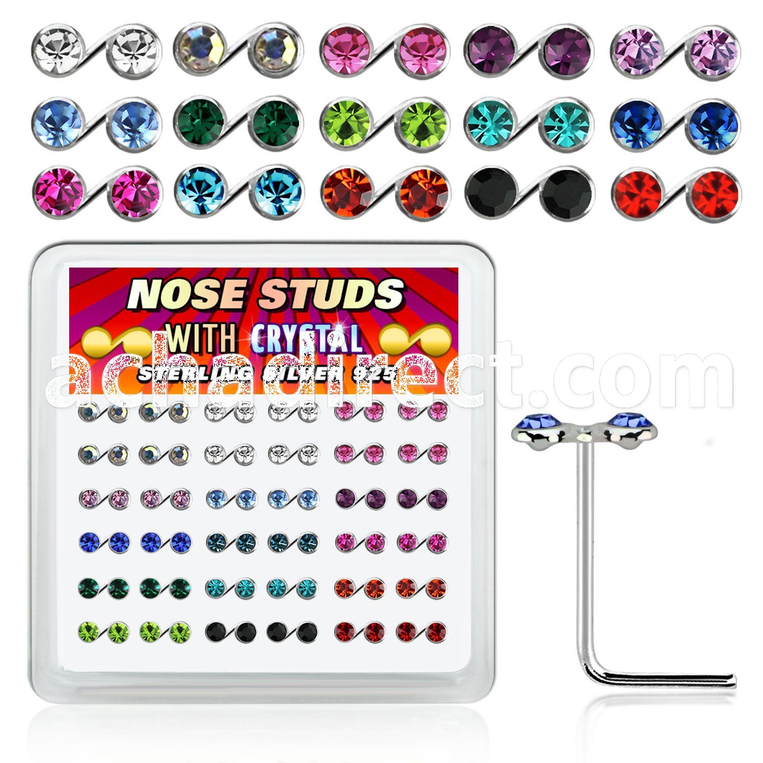 nsmsbxm box silver nose studs w music note tops w color crystal