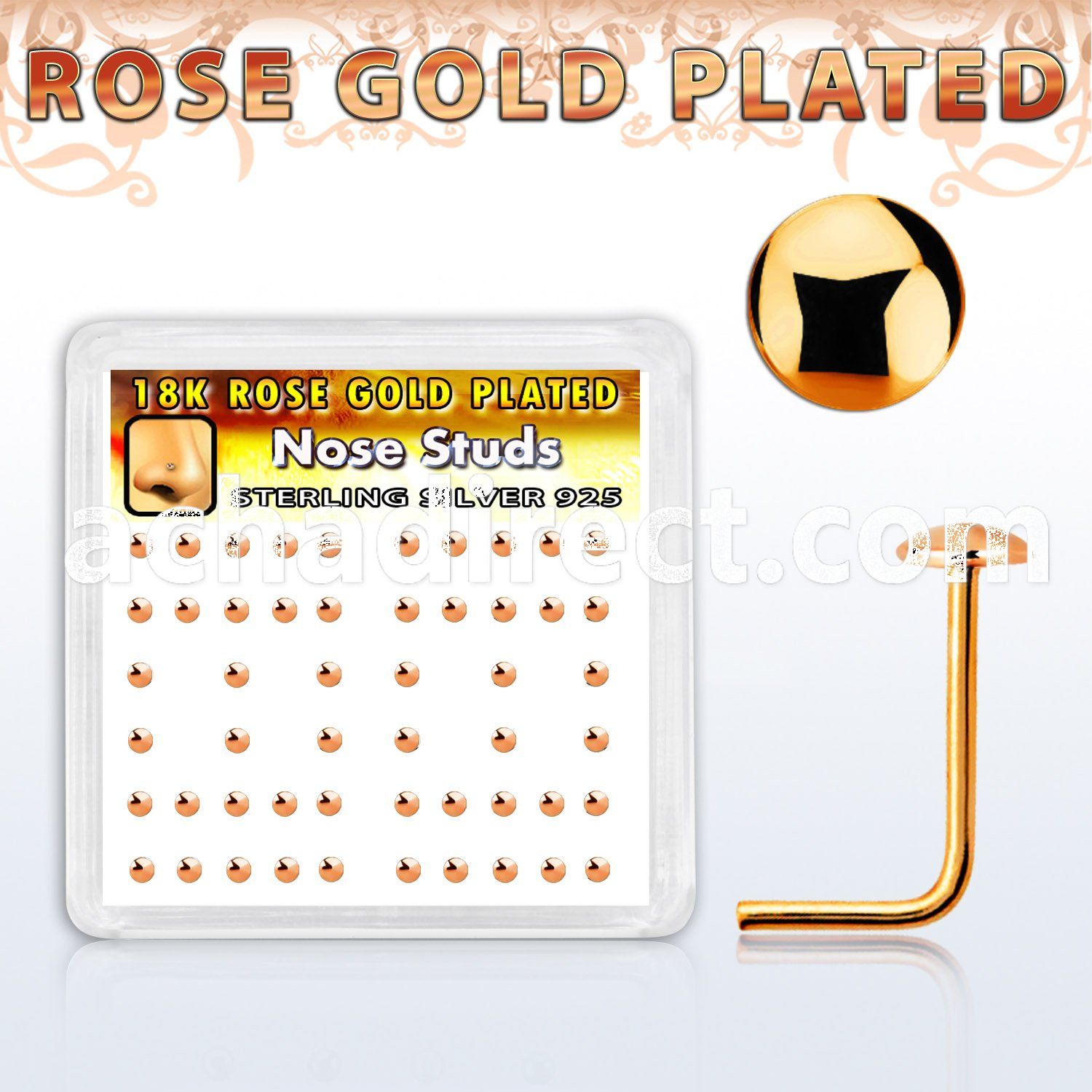 nsmx3rs box w 52 rose gold plated silver nose studs 2mm flat top