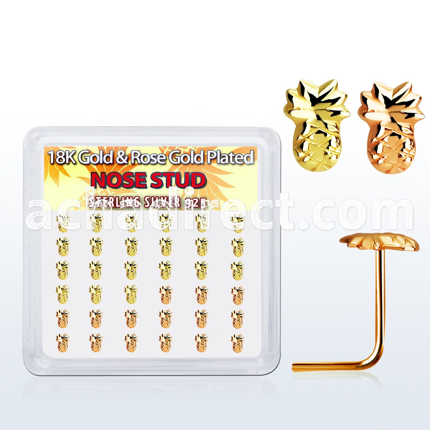 nsmxpa36 box w silver nose stud w gold rose gold pineapple top