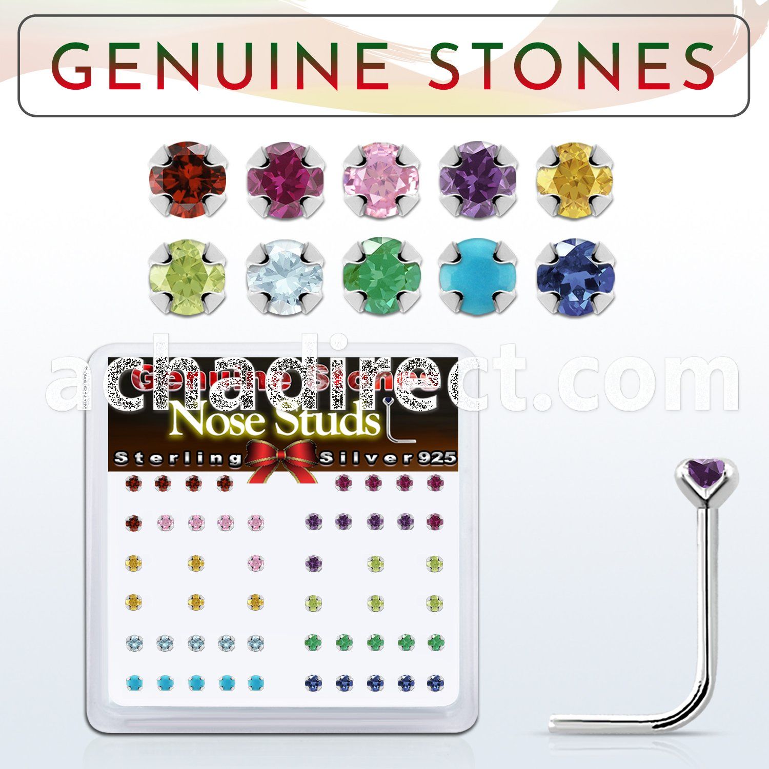 nspbxge box w silver nose studs w mixed 2mm genuine gem stones