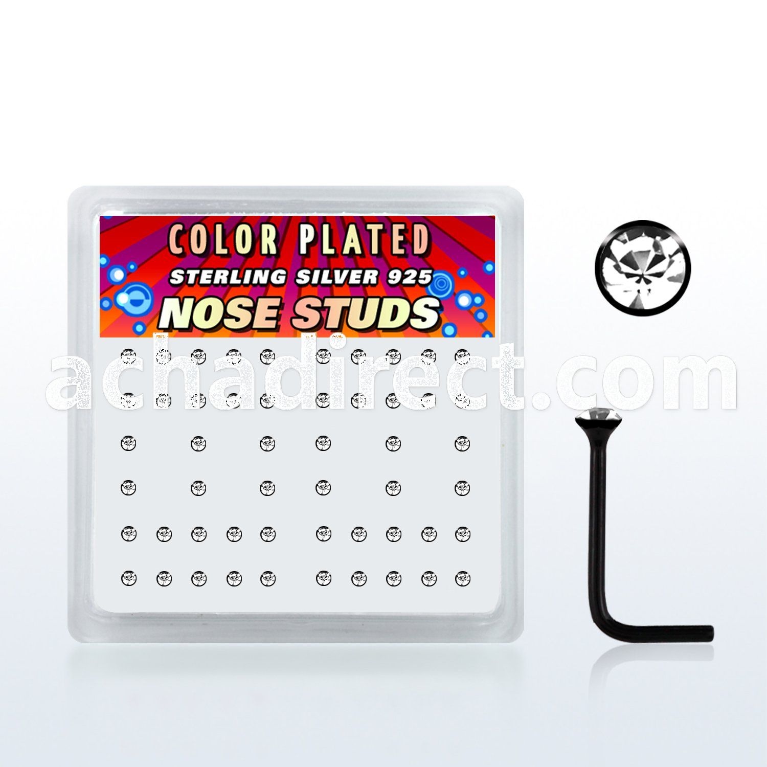 nsrbbxc box of black plated silver nose studs w clear crystals