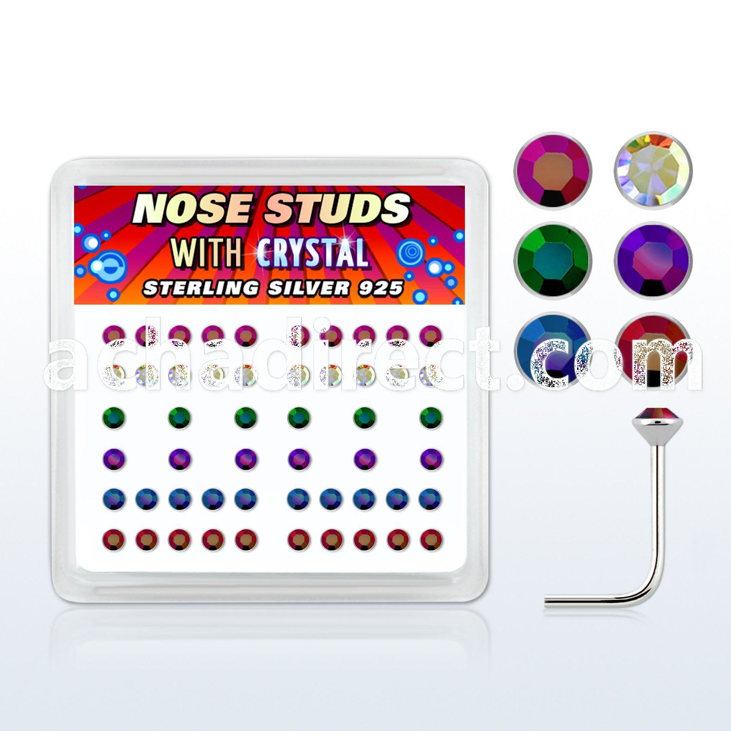 nsrdxabm box of silver nose studs with assorted ab crystals