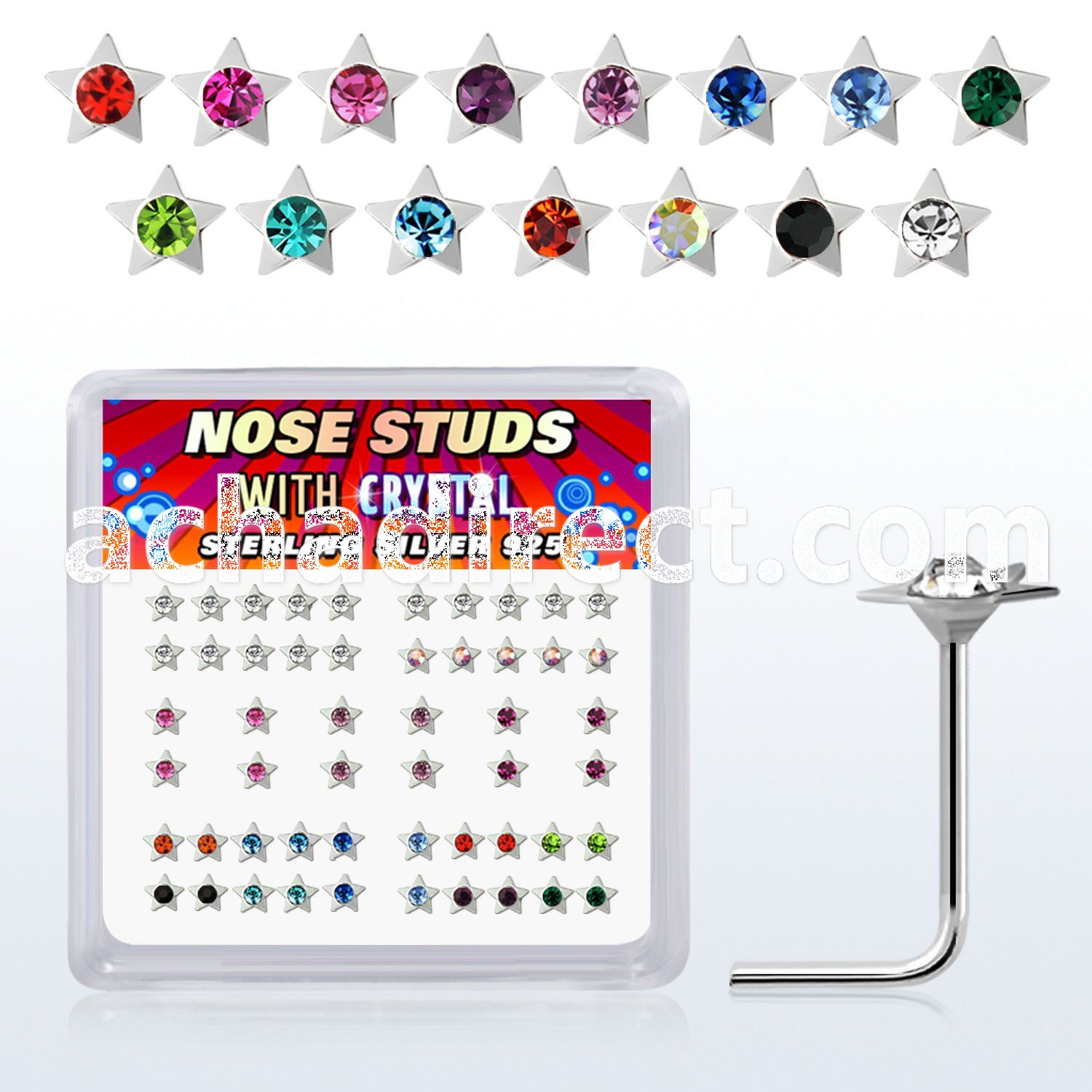 nssarbxm silver nose studs with star w assorted center crystal