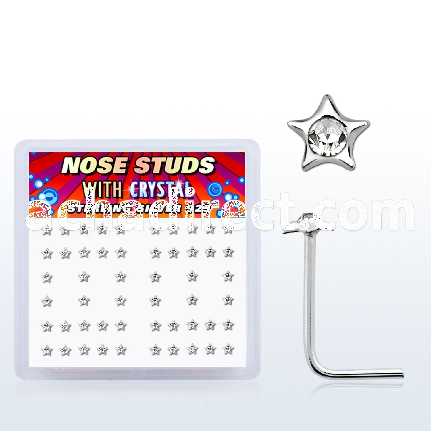 nsstxc box of silver nose studs with star top w center crystal
