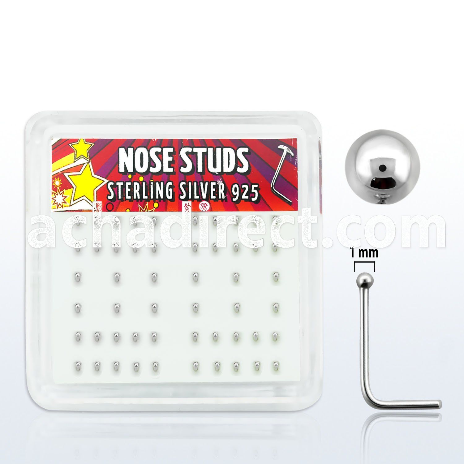 nssv1bx box of silver nose studs with 1mm silver ball top