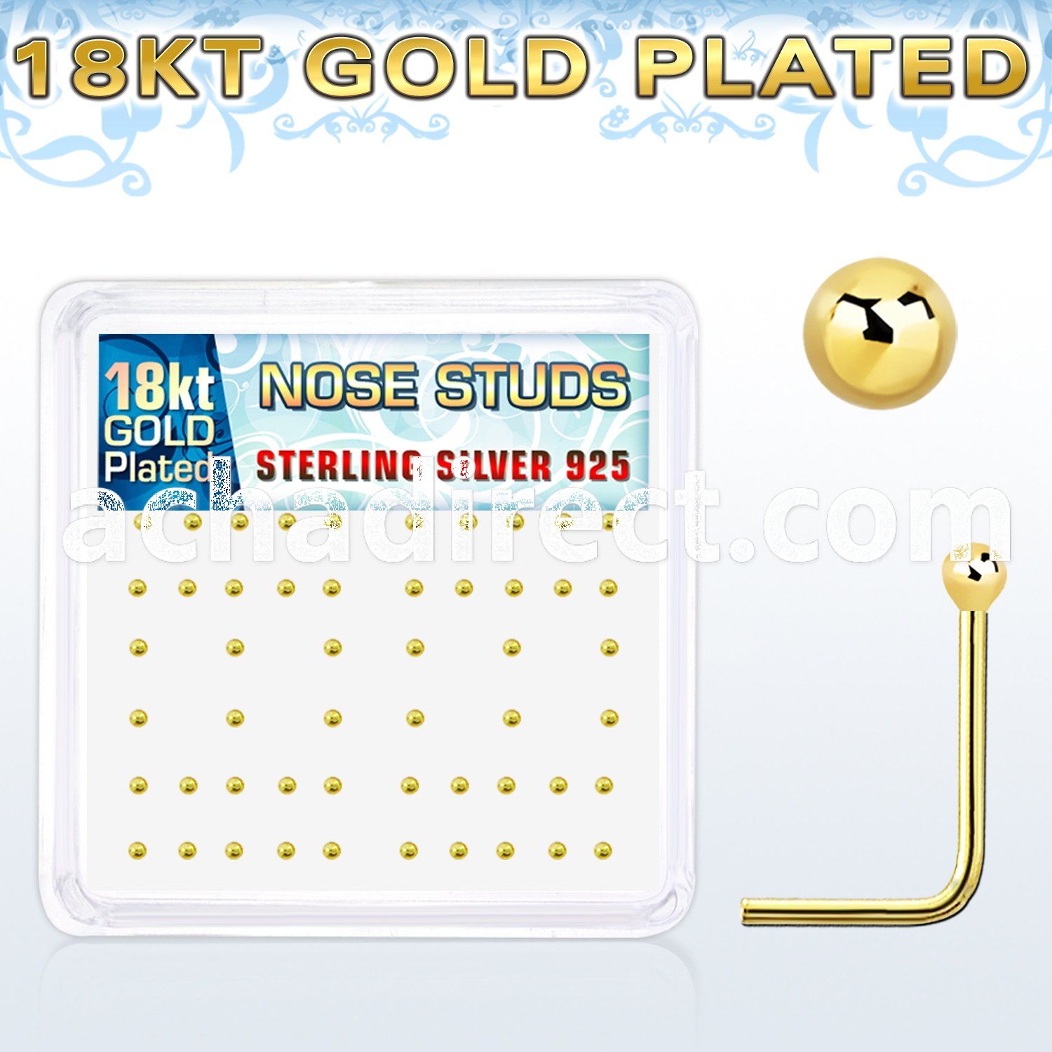nsx18b box of gold silver nose studs with 18k gold ball tops
