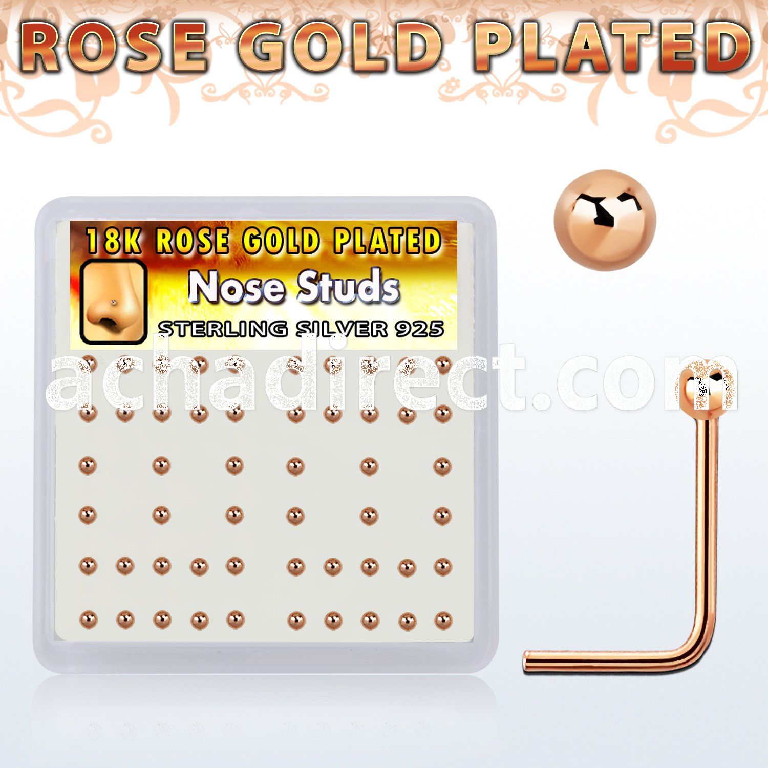 nsxrsb2 box w rose gold plated silver nose studs w 2mm ball top