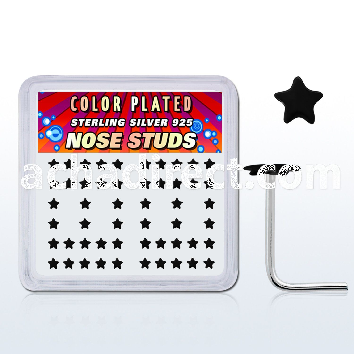 nsxsak box of silver nose studs with 2 3mm black star tops