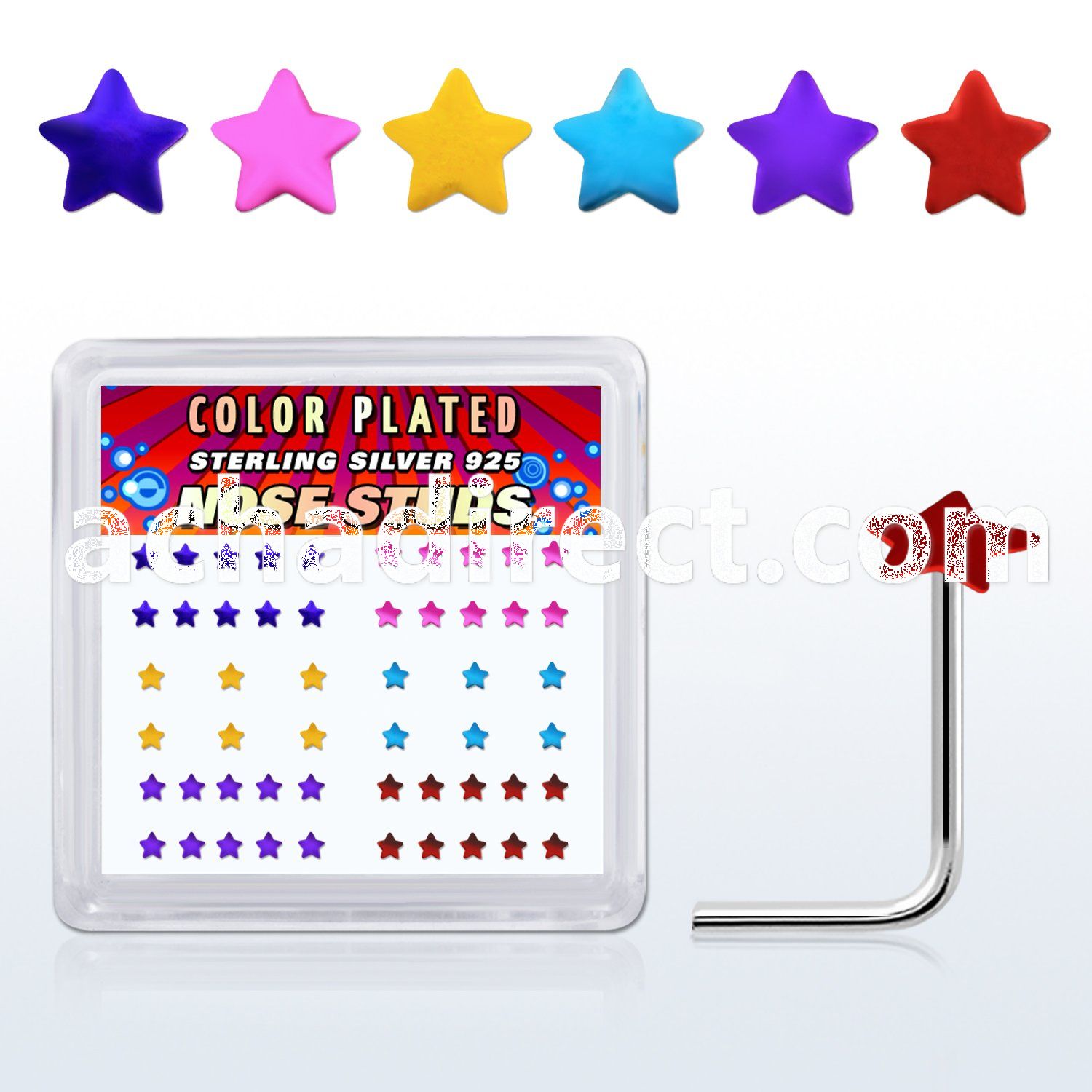 nsxsap box of silver nose studs with 2 3mm color plated star