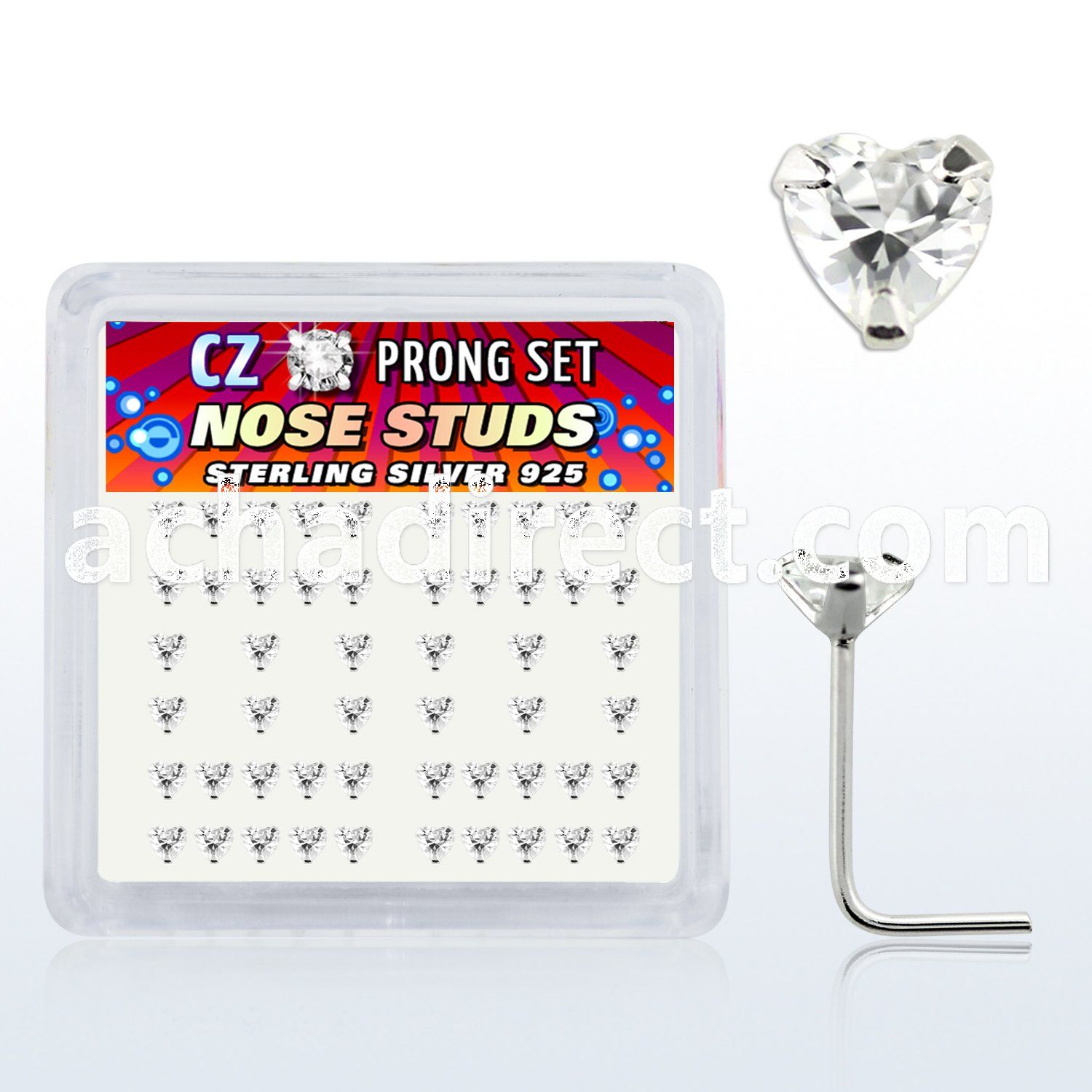 nszbhc box of silver nose studs with 3mm heart prong cz