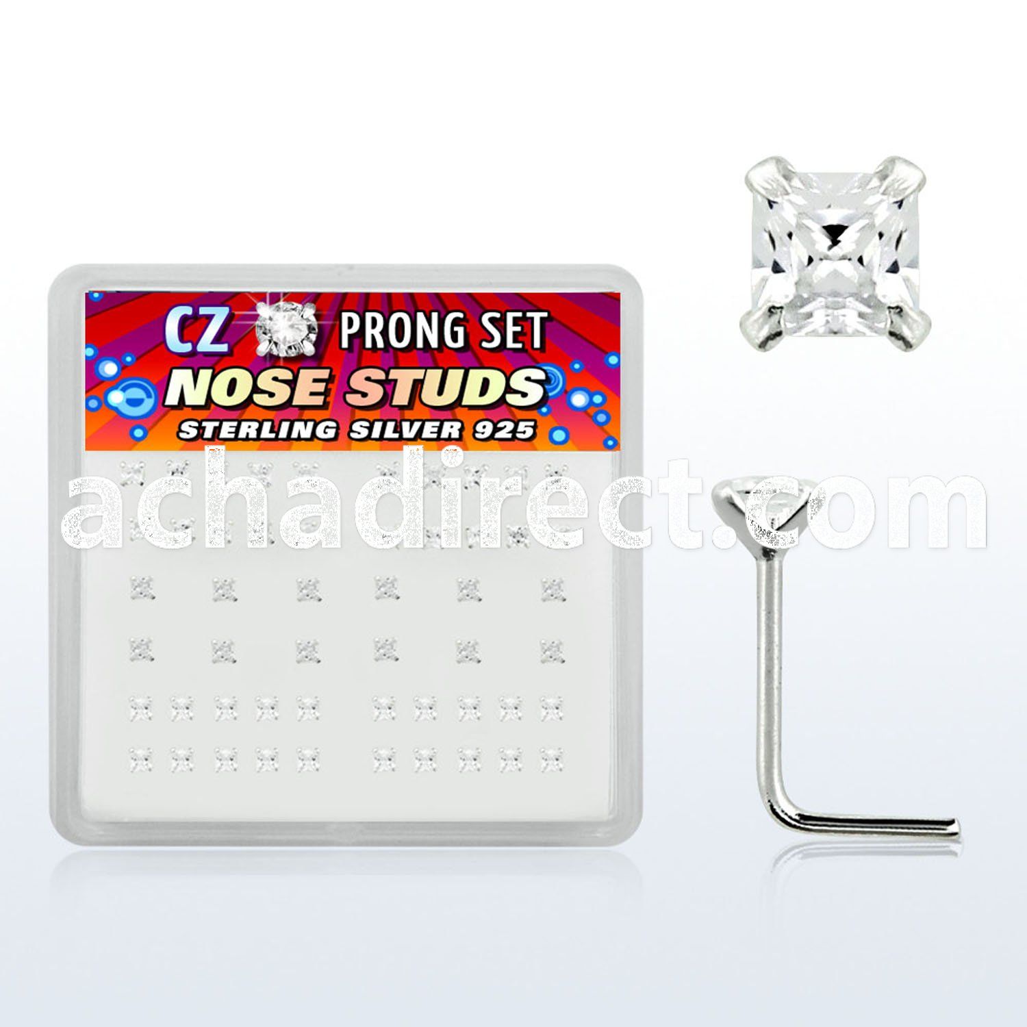 nszbqc box of silver nose studs with 2mm square clear prong cz
