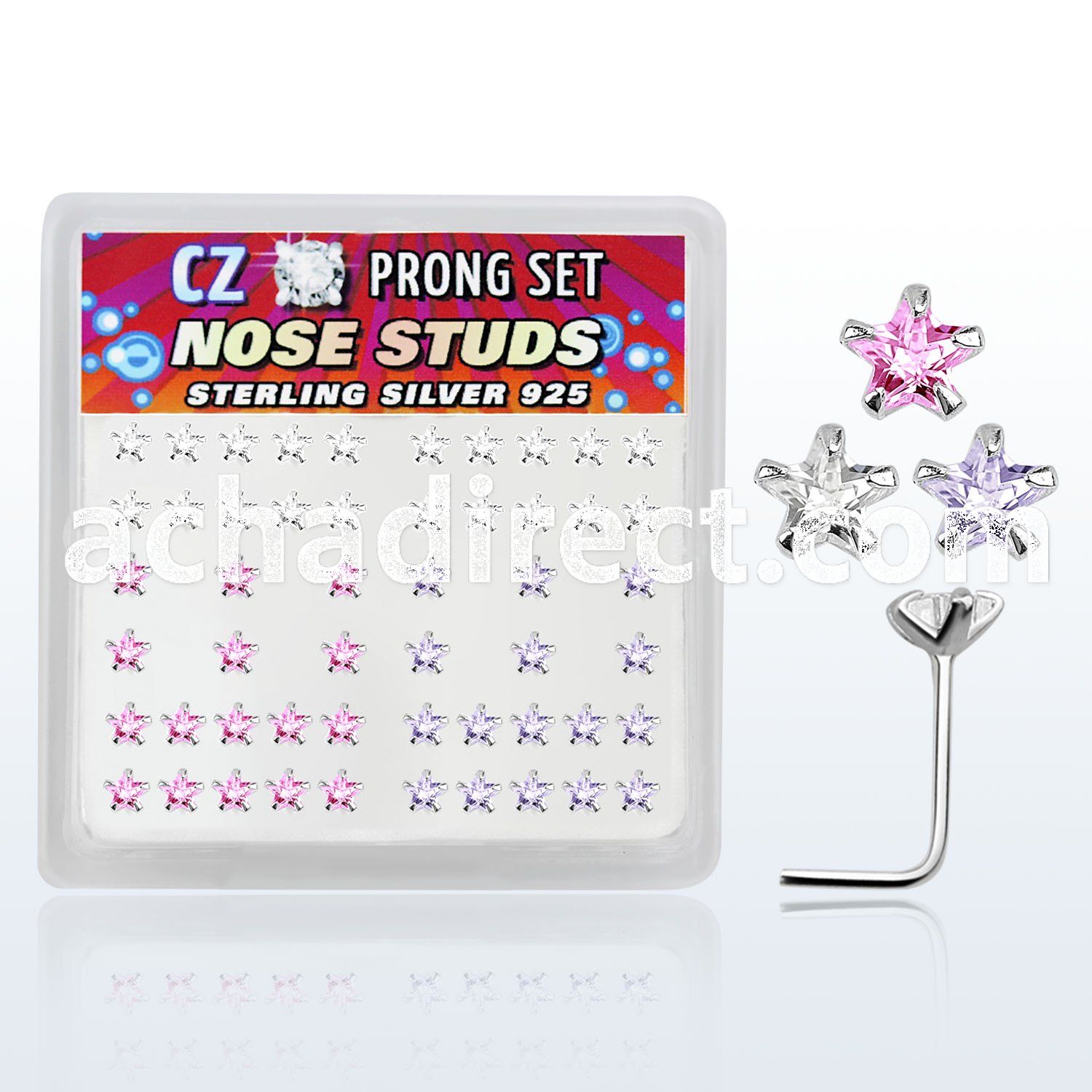 nszbsm box of silver nose studs w star assorted color prong cz