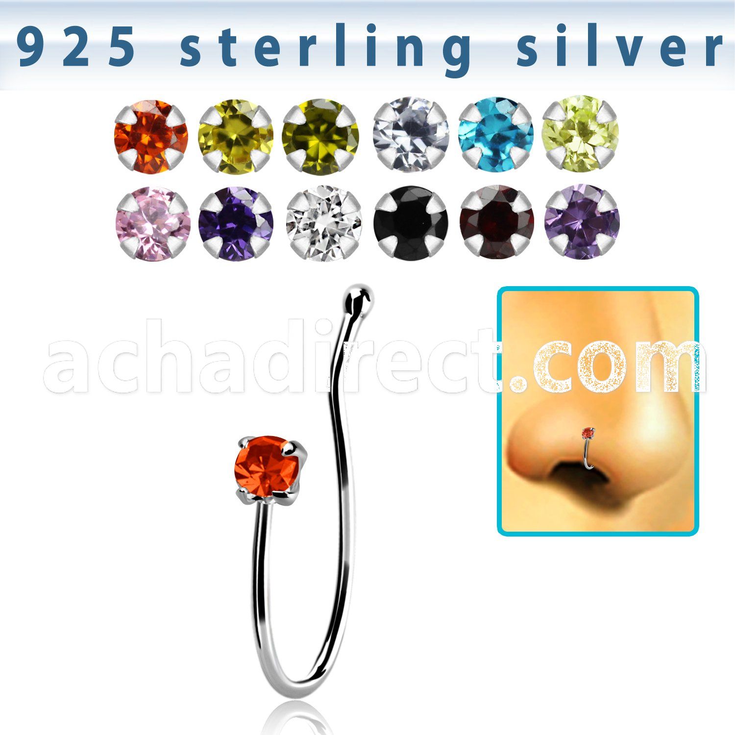 nvcl11 silver fake nose clip with 2mm prong set cz stone