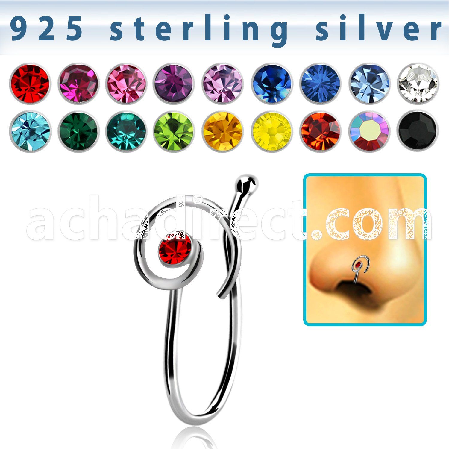 nvcl7 silver fake nose clip w a spiral top w central crystal