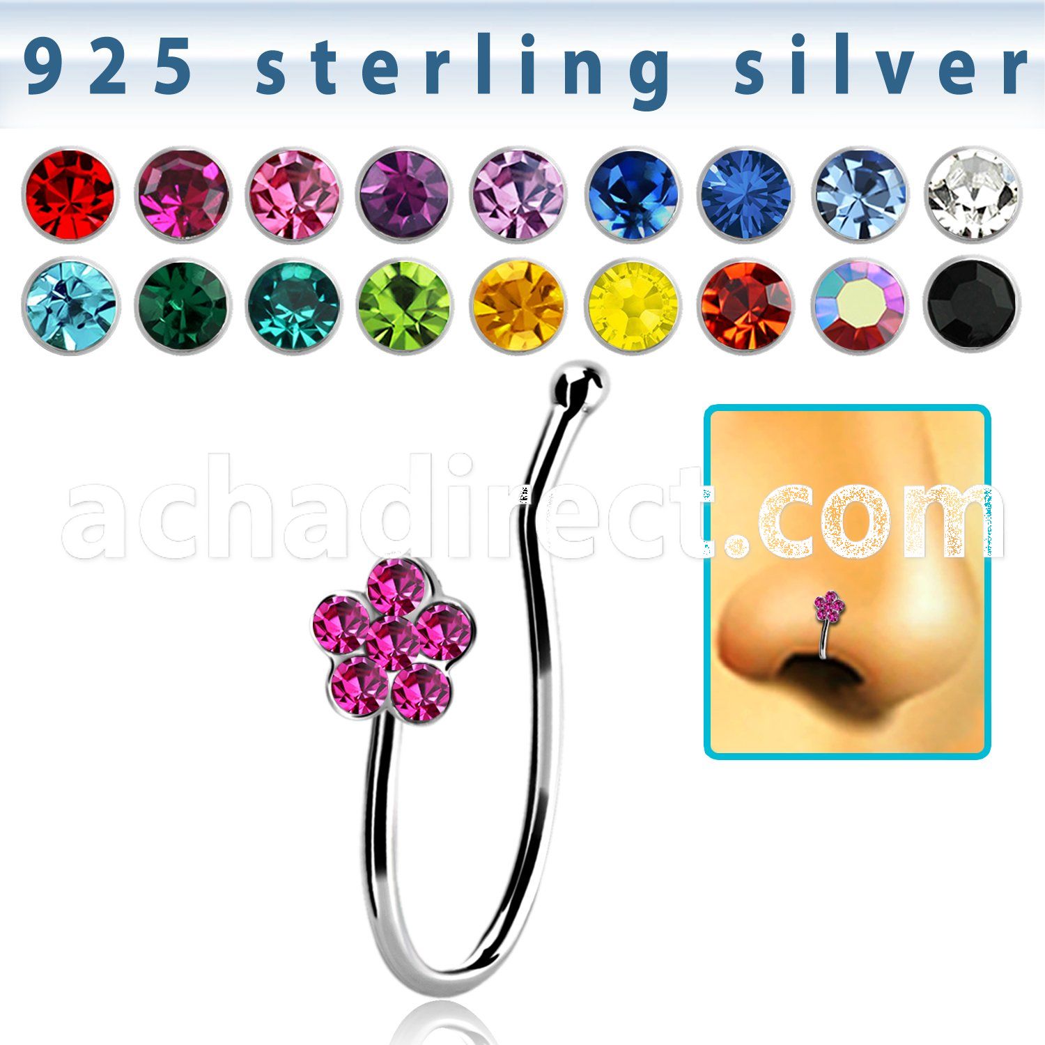 nvcl9 silver fake nose clip w a crystal flower top