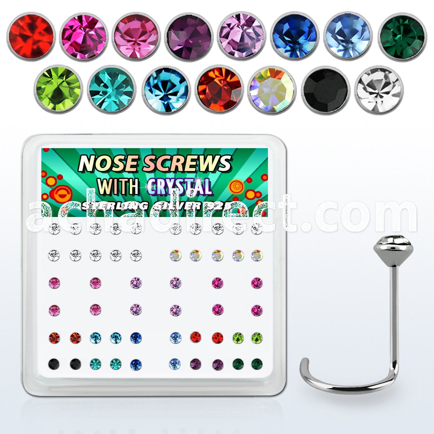 nw14mx box w 52 sterling silver nose screws w 2mm mix crystals