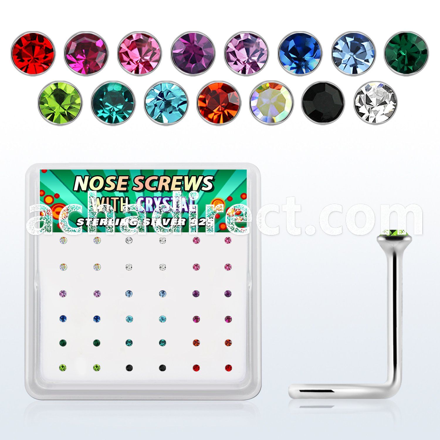 nw9mbx box of silver nose screws, 20g w 1.5mm color crystal top