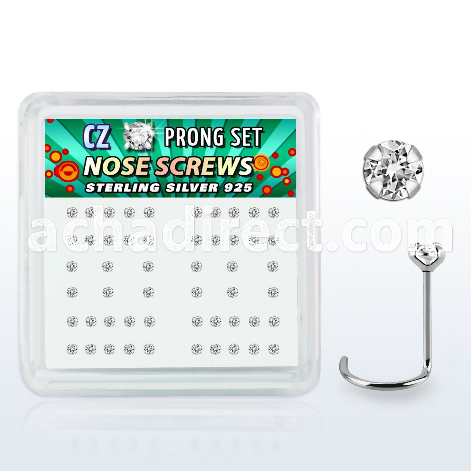 nwczbxc box w 52 silver nose screws w prong set 2mm clear czs