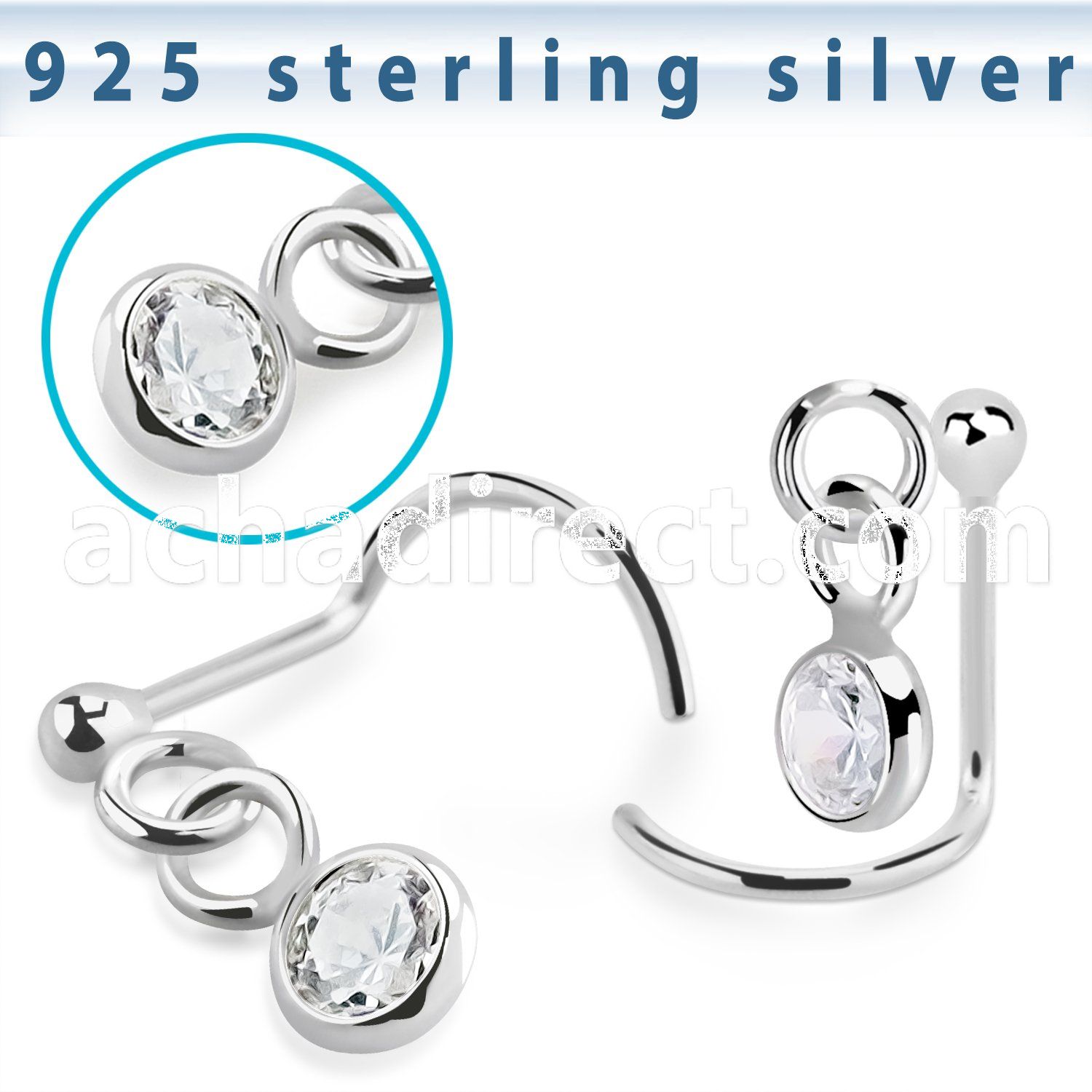 nwdvbz1 silver nose screw ball bezel set dangling cz
