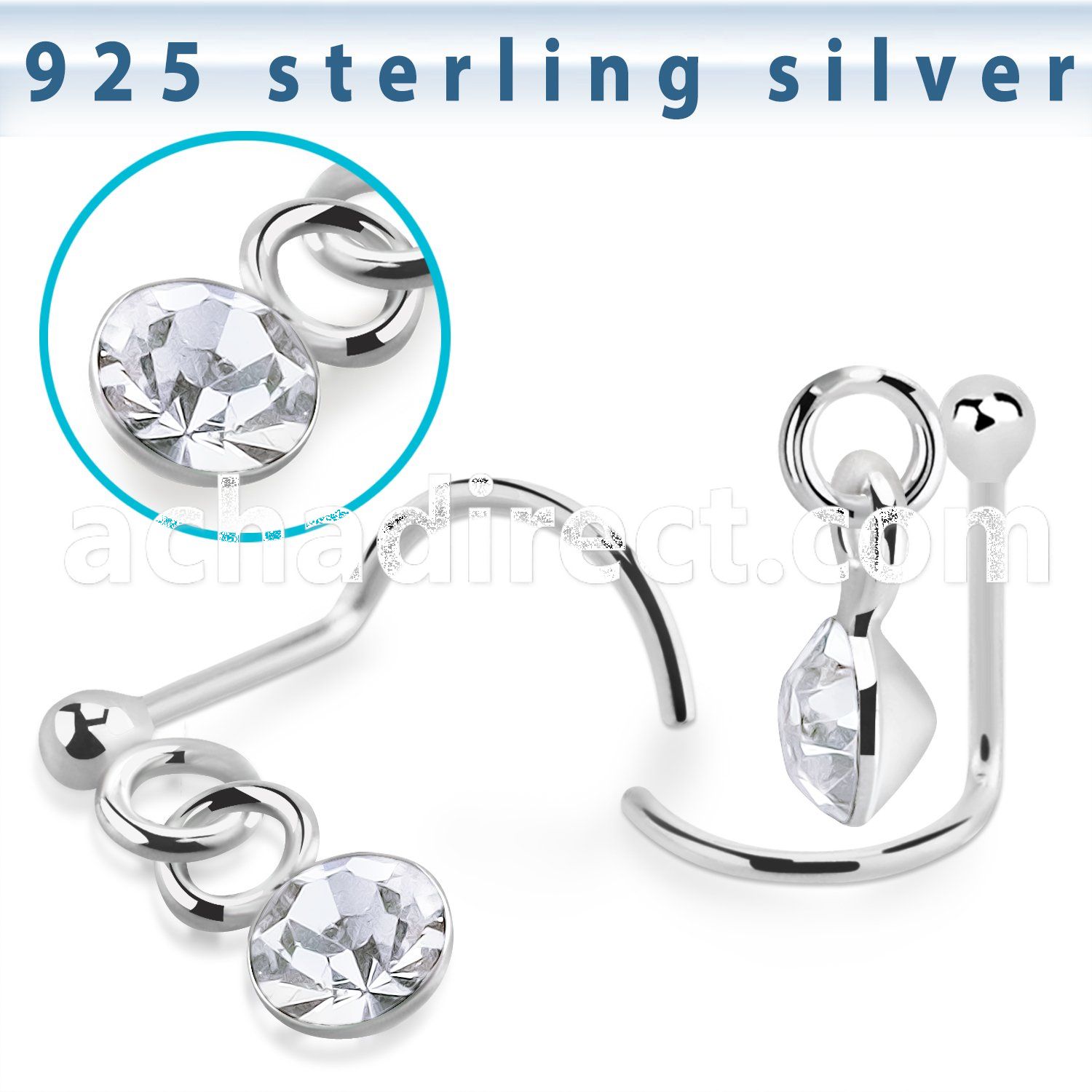 nwdvm1 925 sterling silver nose screw ball dangling crystal