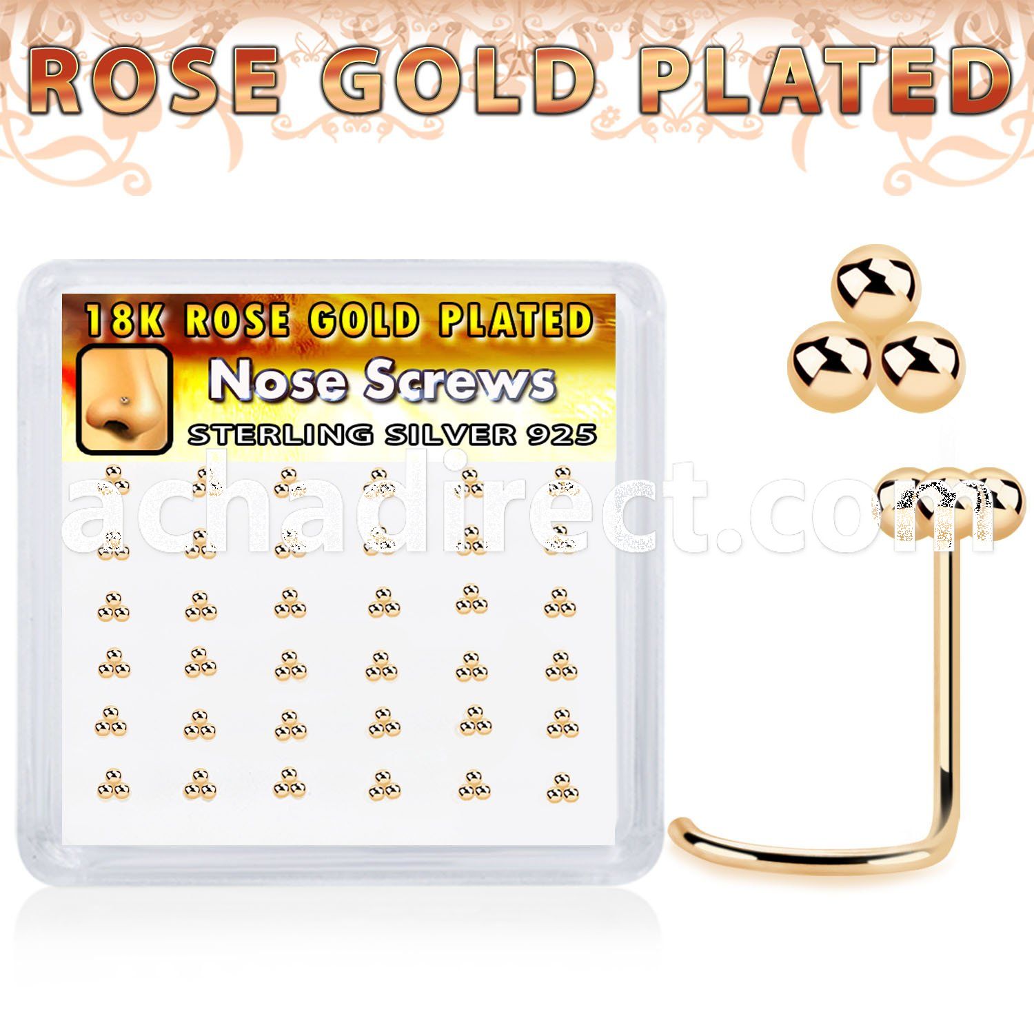 nwtsv36r rose gold plated silver nose screws triple balls