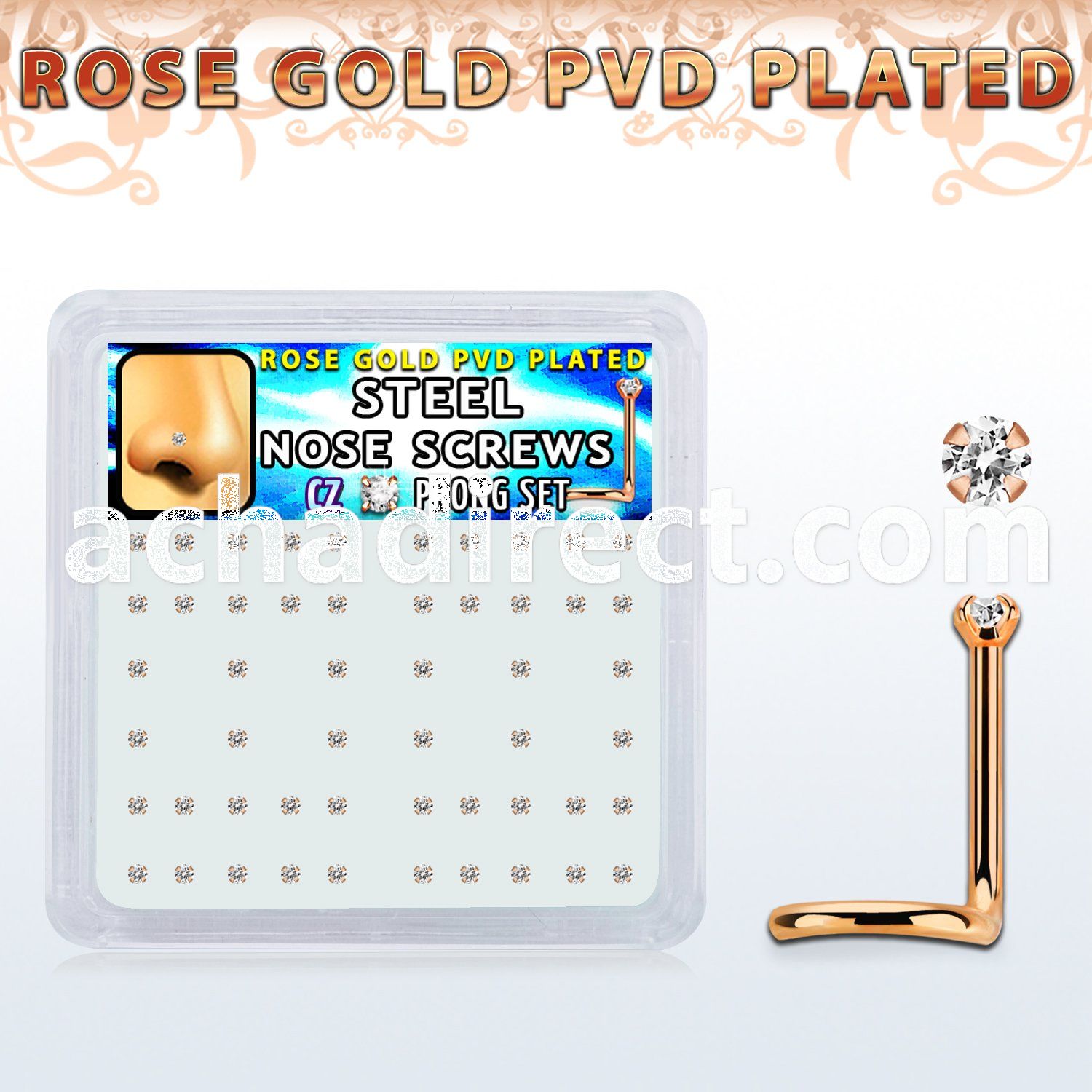 nwttz1xc box w rose gold steel nose screws w 1 5mm clear czs