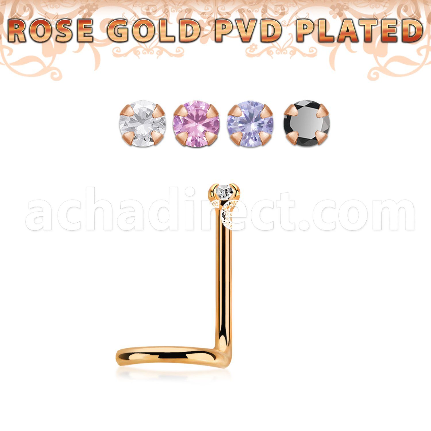 nwttzr15 rose gold  steel nose screw 20 w prong set clear 1.5mm cz