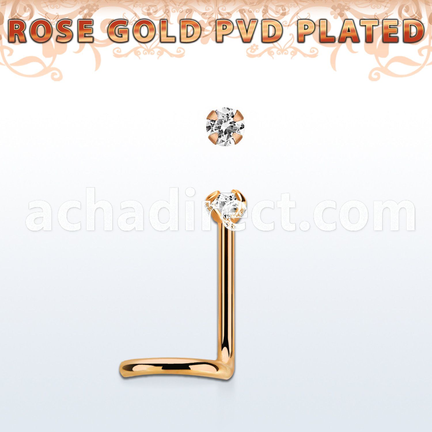 nwttzr2 rose gold  steel nose screw 20g w prong set clear 2mm cz