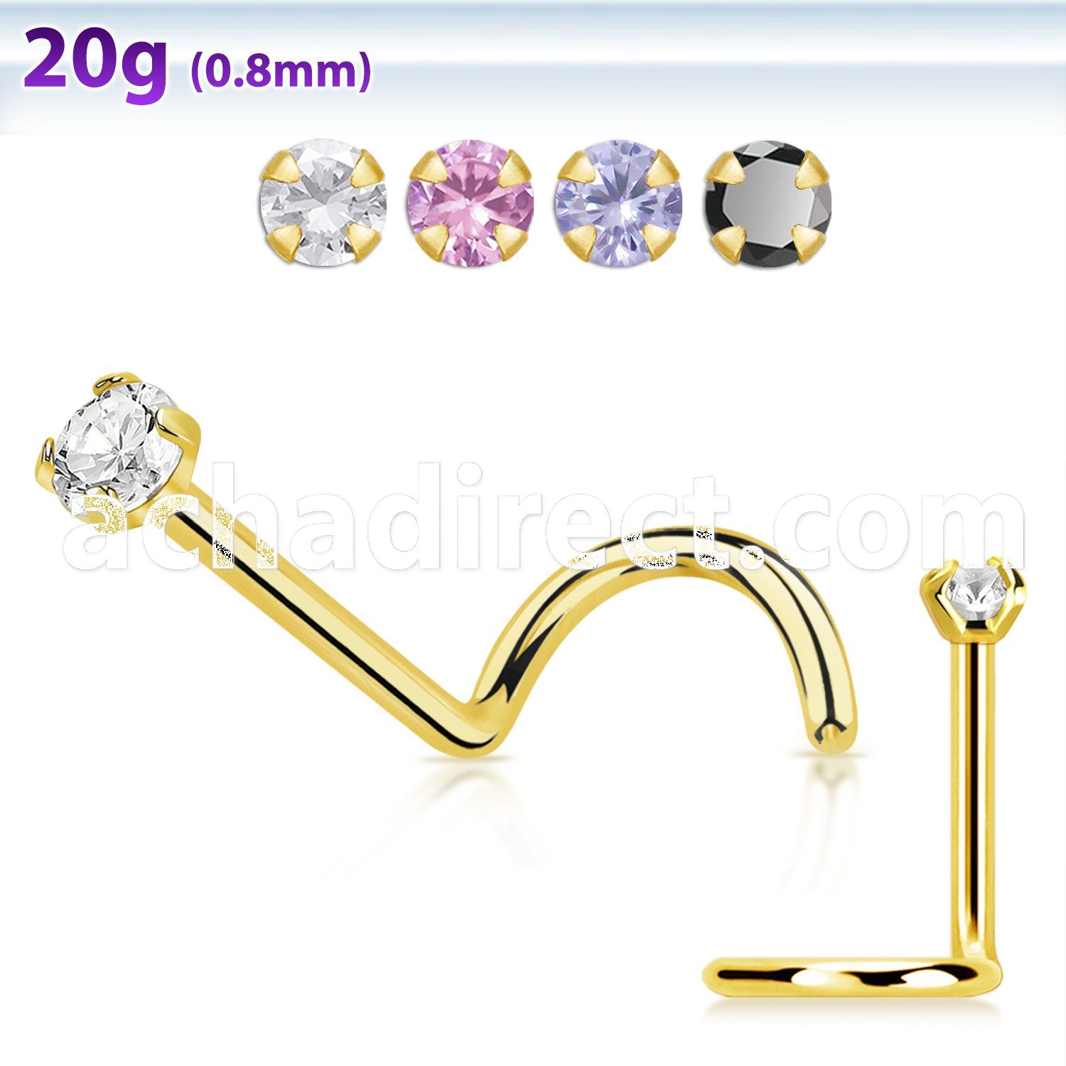 nwtzr2 gold plated steel nose screw, 20g  w prong set 2mm cz