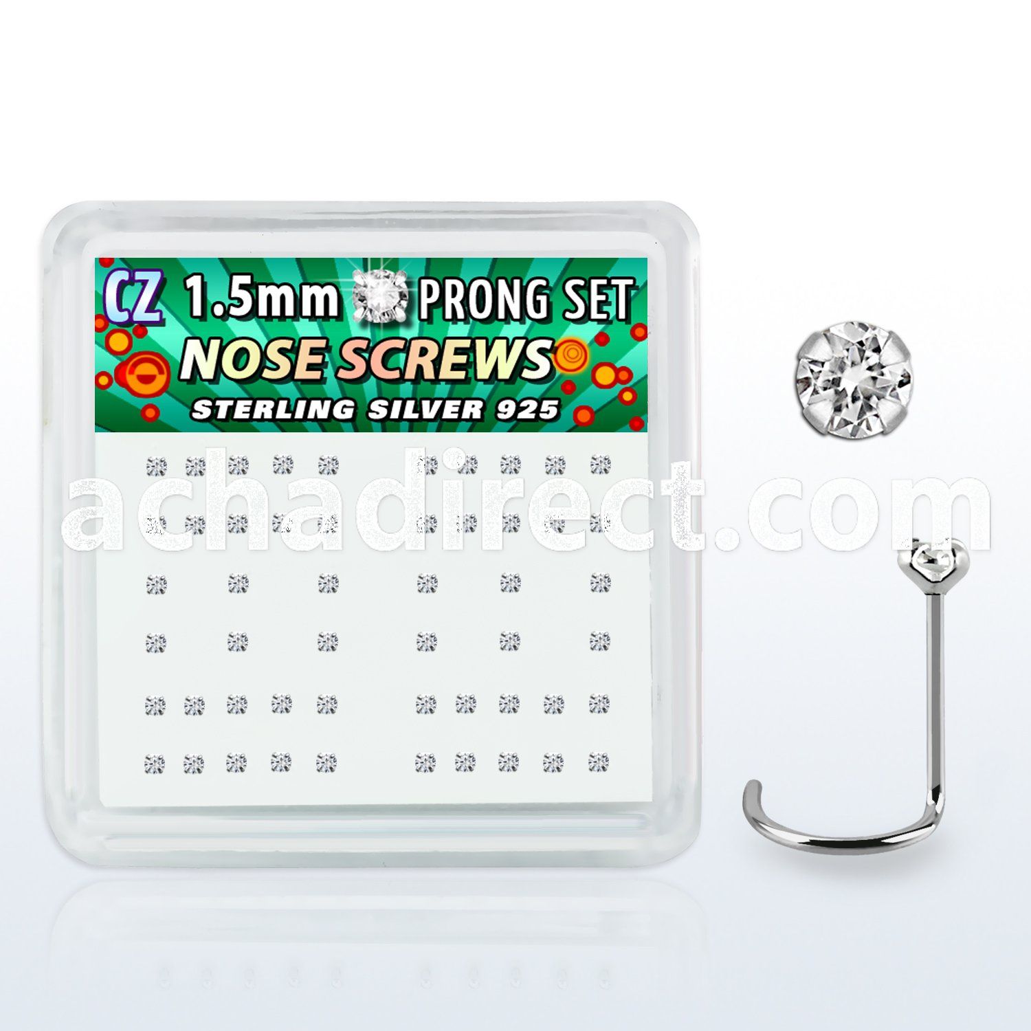 nwzbxc box w 52 silver nose screws w prong set 1.5mm clear czs