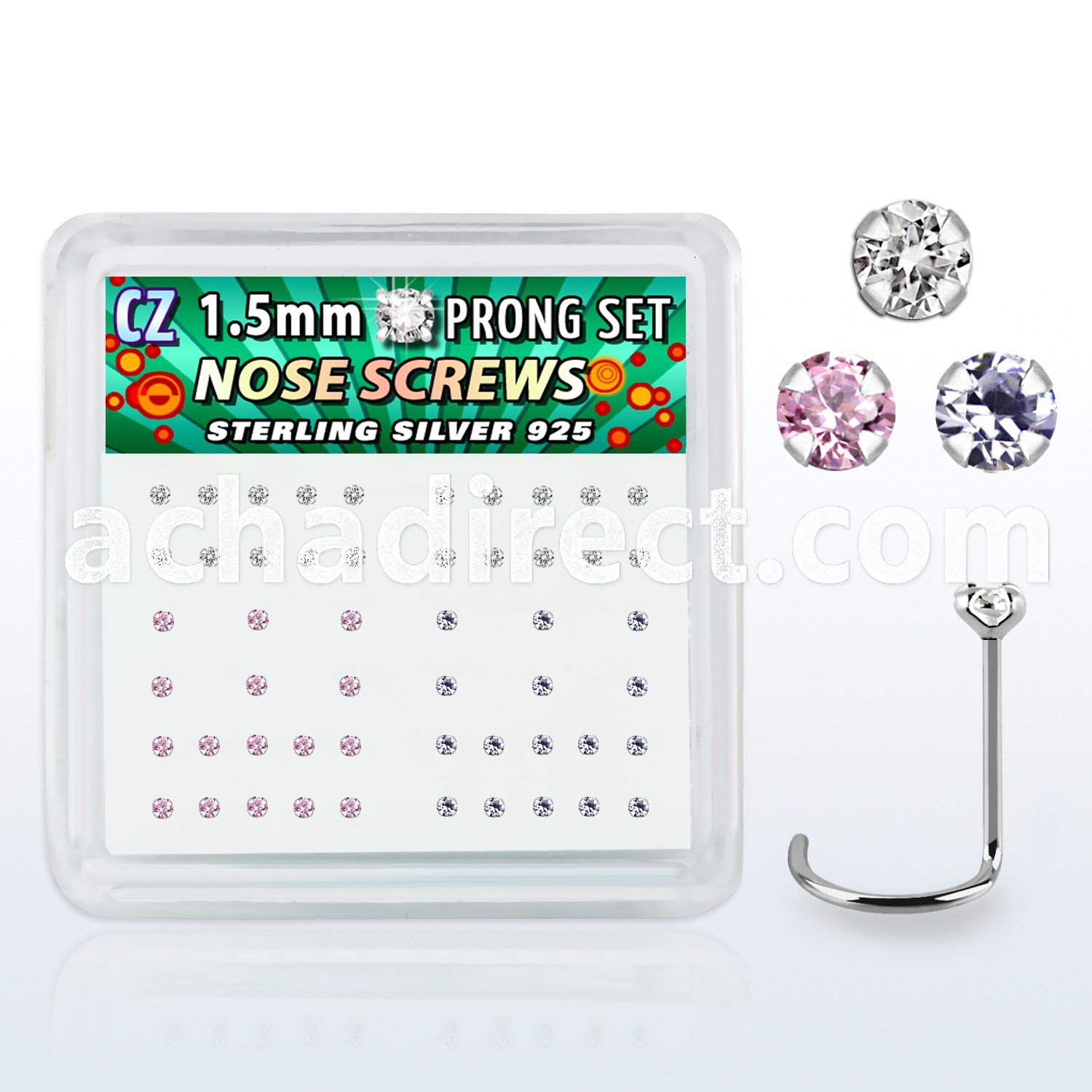 nwzbxm box w 52 silver nose screws w prong set 1.5mm mix czs