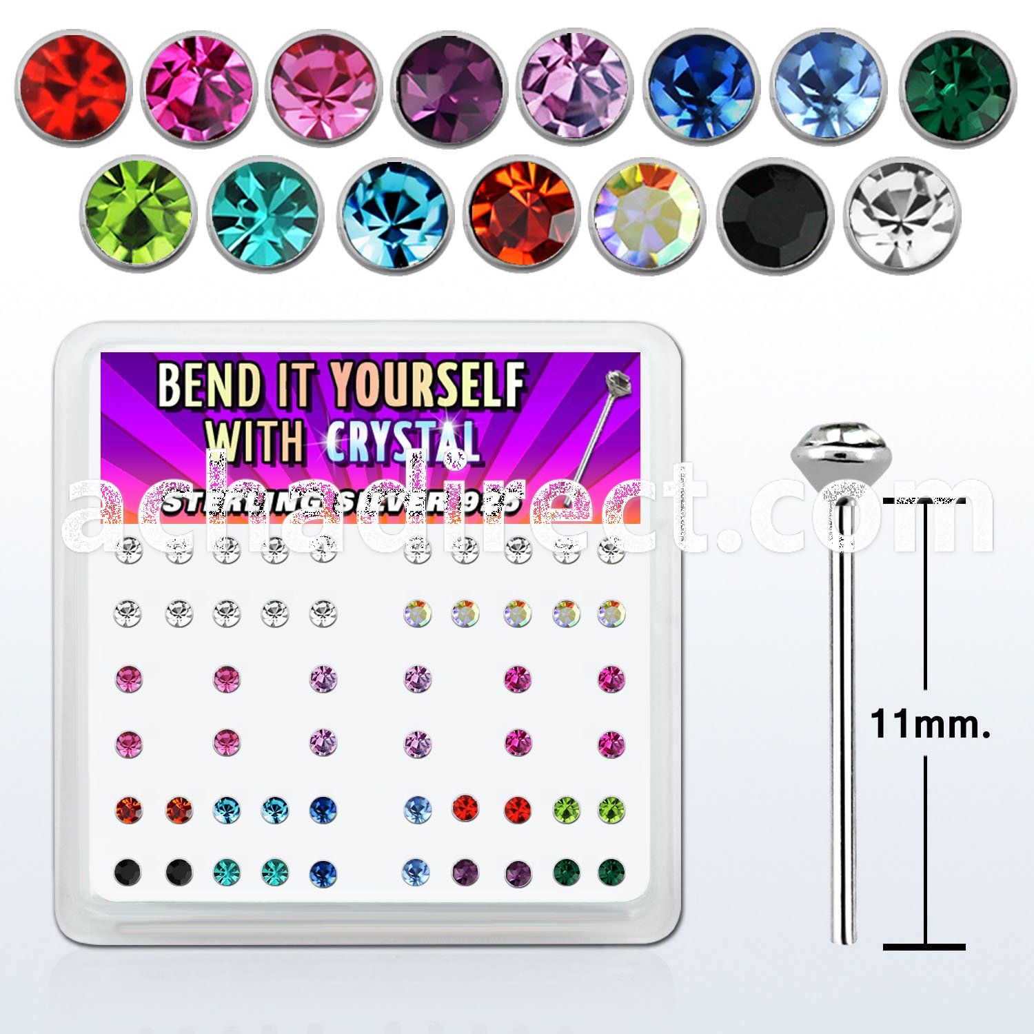 ny14mx box w silver bend it nose studs w 2mm round crystal tops