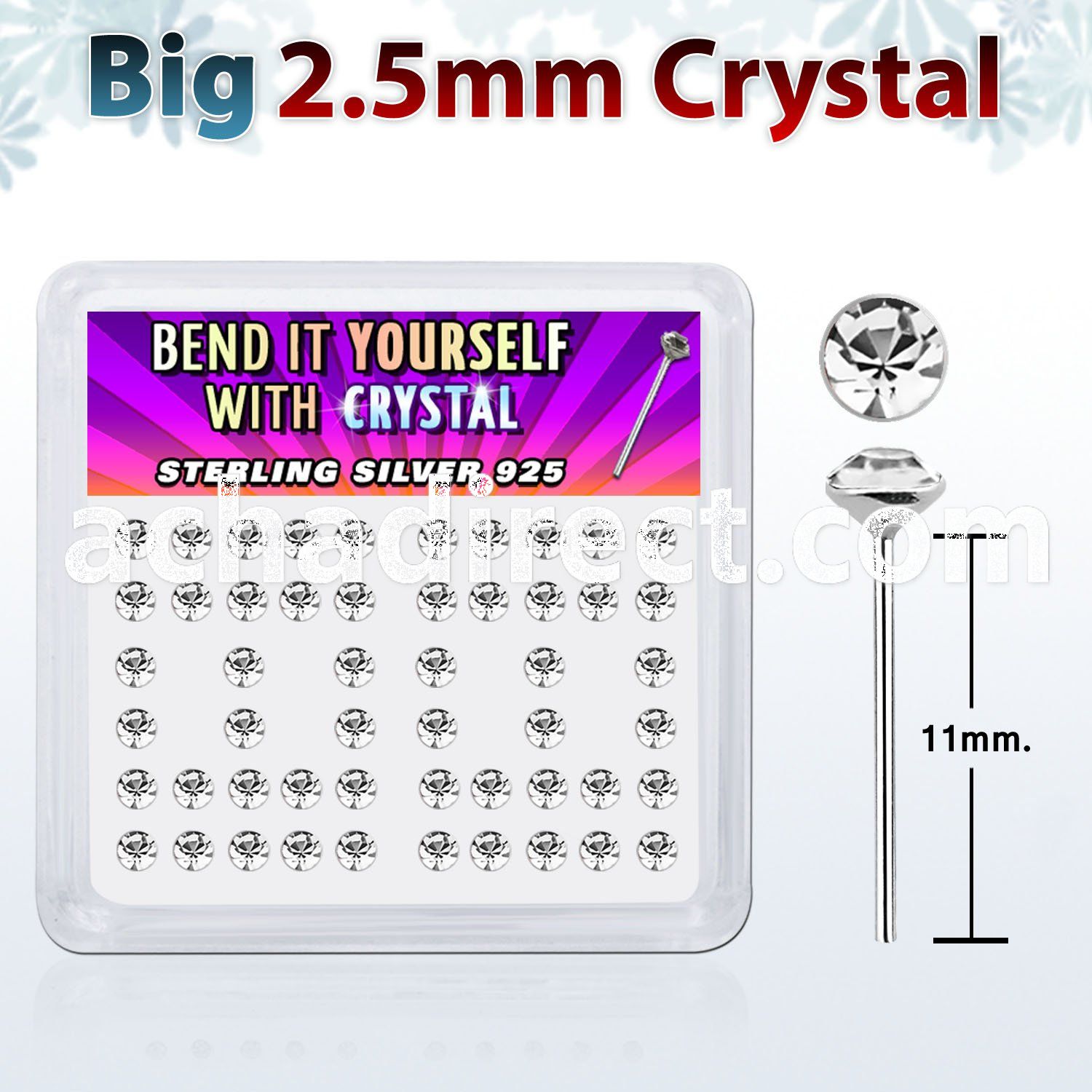 ny19cx box of silver bend it nose studs w 2 5mm clear crystals