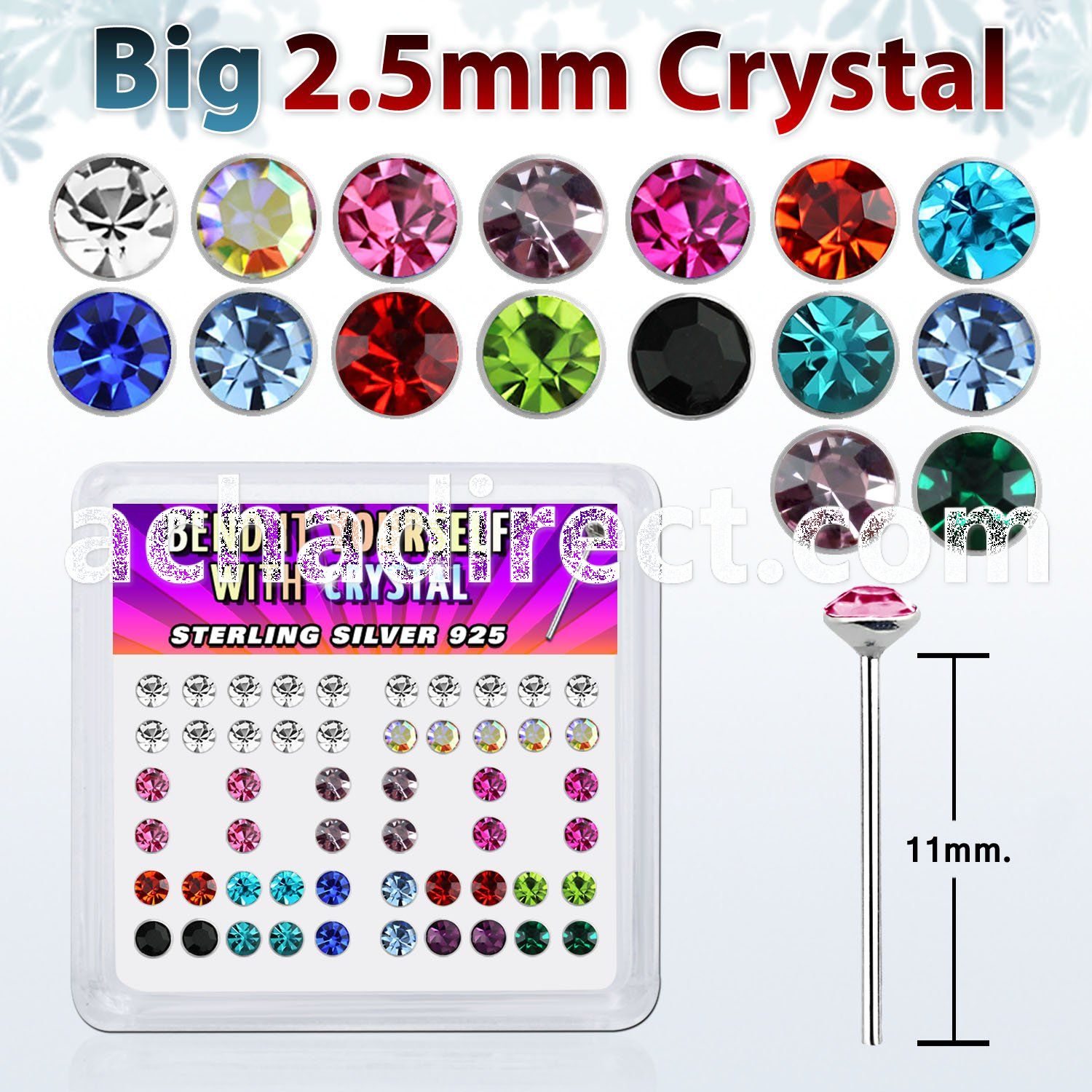 ny19mx box of silver bend it nose studs w 2 5mm crystal tops