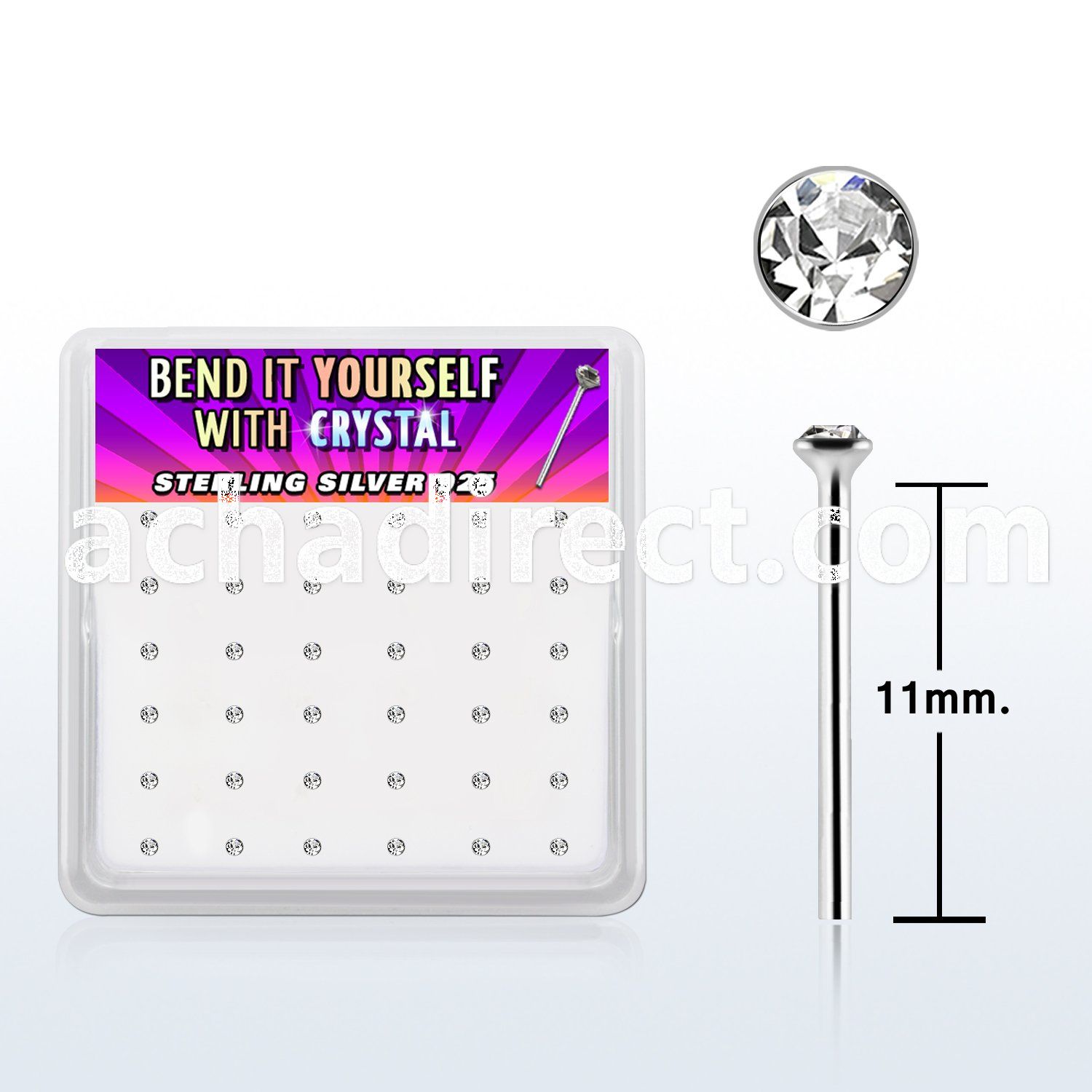 ny9cbx box silver bend it nose studs 20g 1.5mm clear crystal