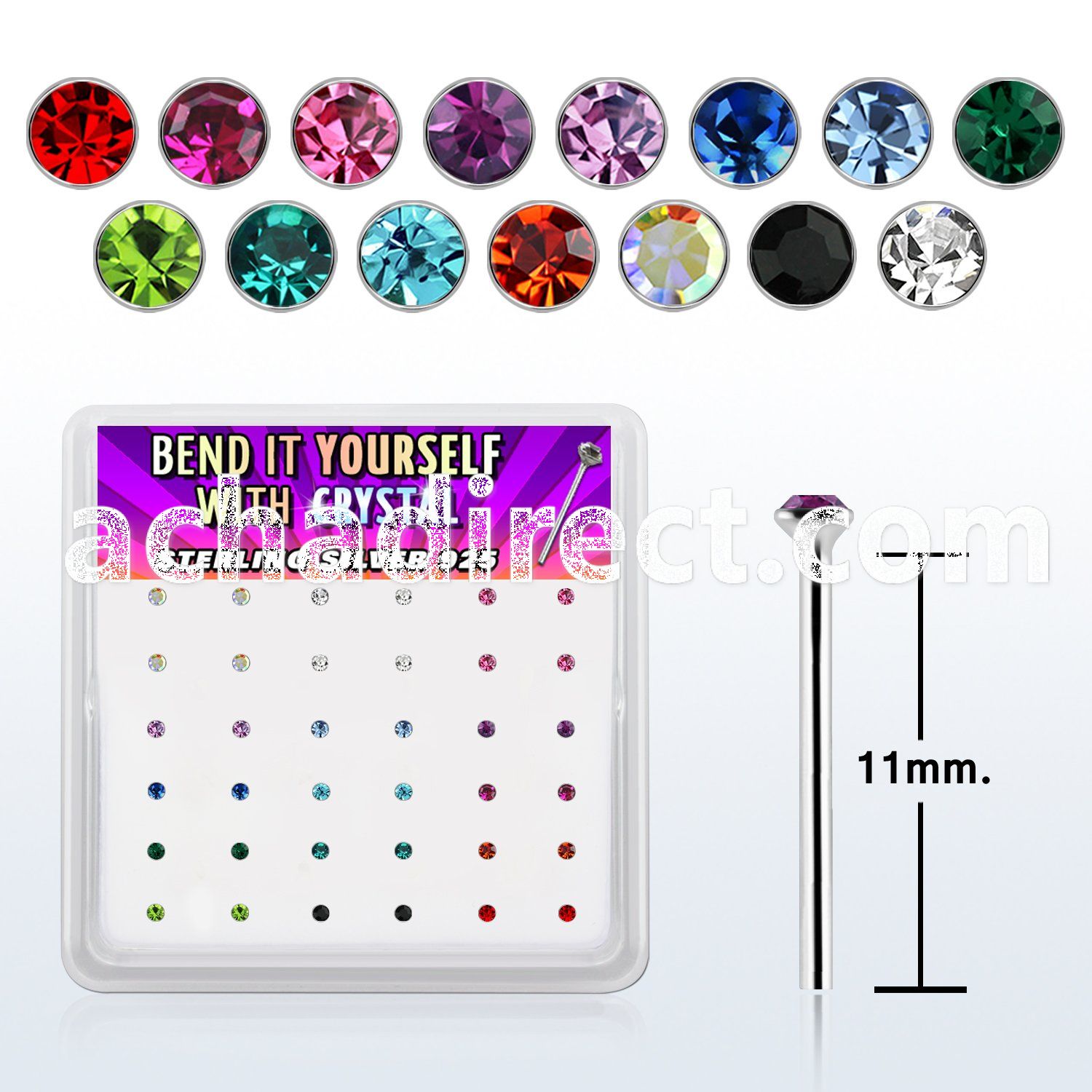 ny9mbx box silver bend it nose studs, 20g w 1.5mm crystals
