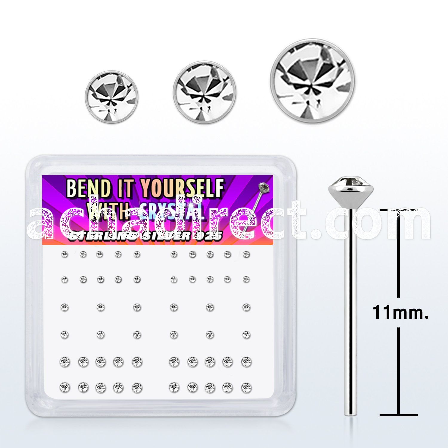 nybxmc silver bend it nose studs w 1 4 1 5 1 8mm crystals