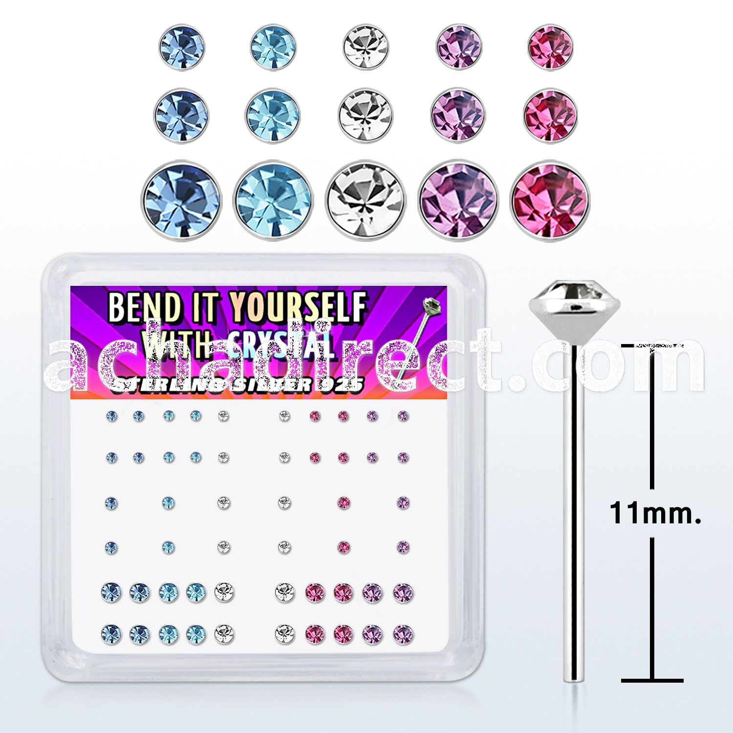 nybxmm2 silver bend it nose studs w 1 4 1 5 2 assorted crystals