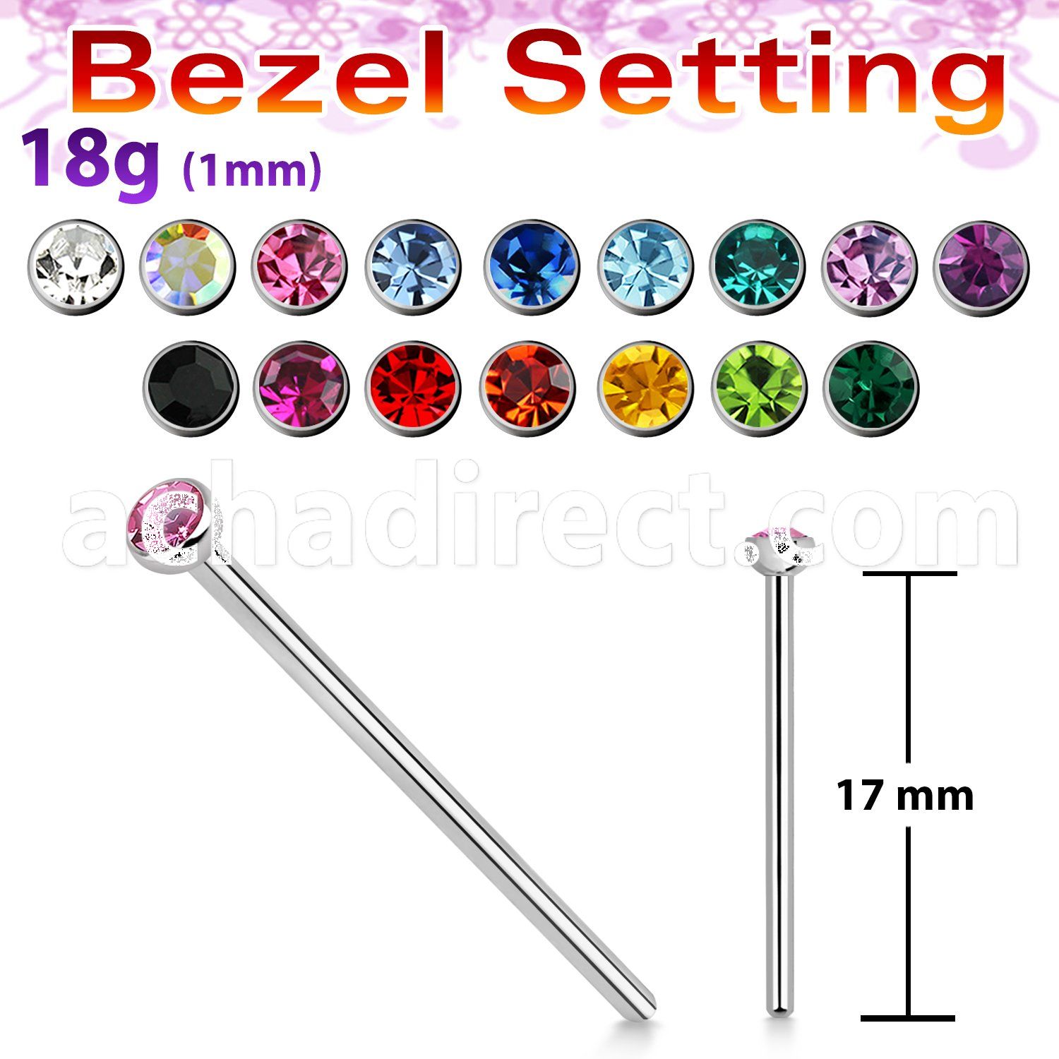 nycb2518 unbent steel nose stud, (1mm) with 2.5mm bezel set top
