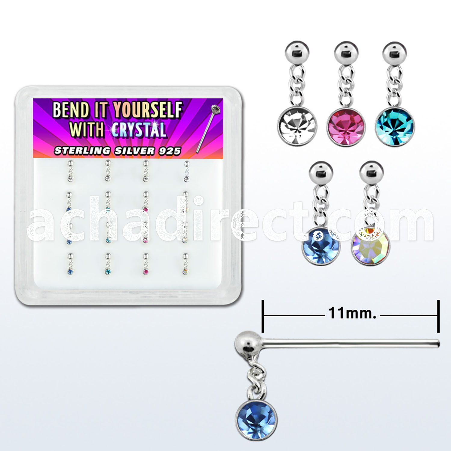 nydm16 silver bend it nose studs w ball assorted crystal