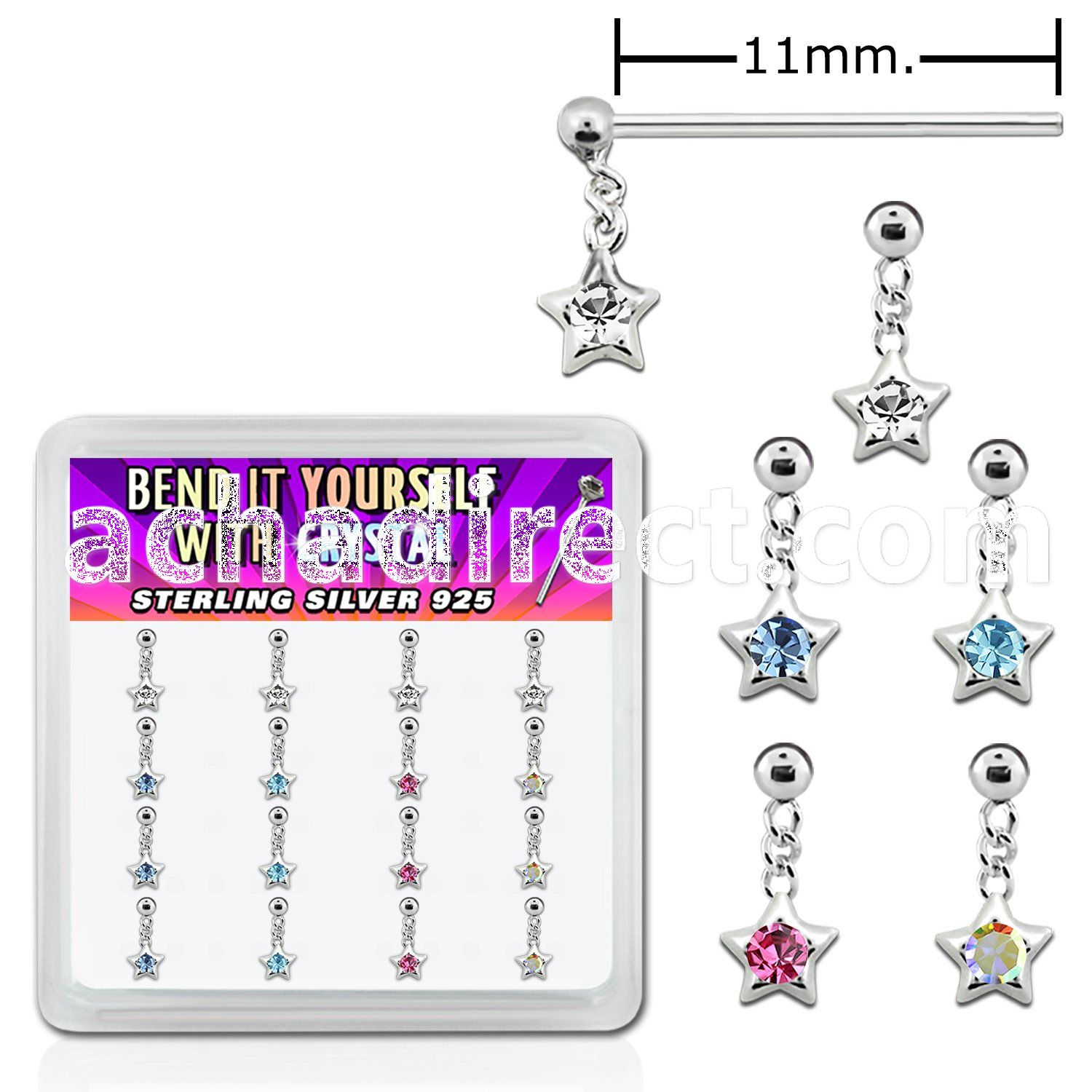 nyds16 silver bend it nose studs w star crystal star